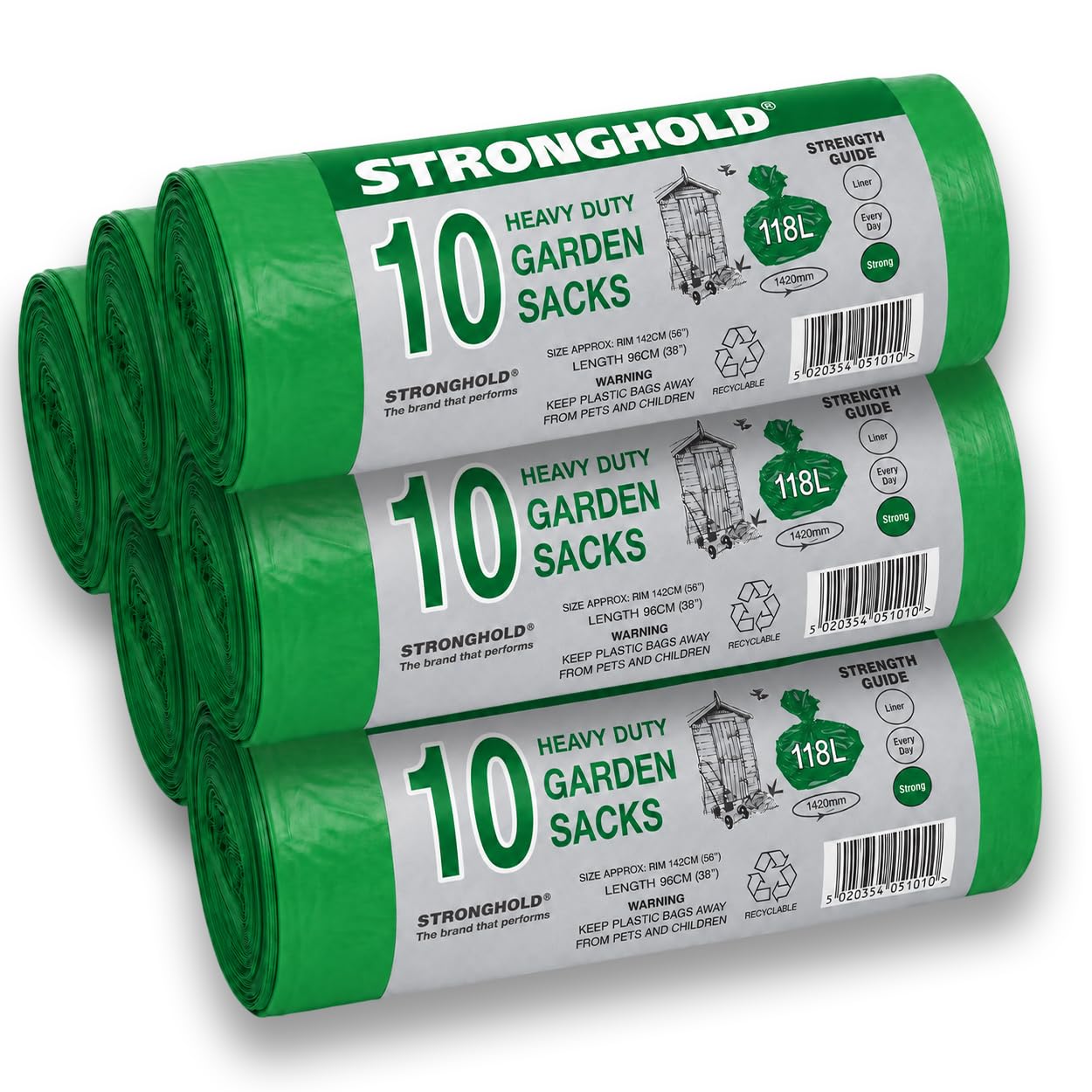 Bag Market | 6 Rolls of 10 Large Heavy Duty 90L Green Garden Refuse Bin Bags, Sacks