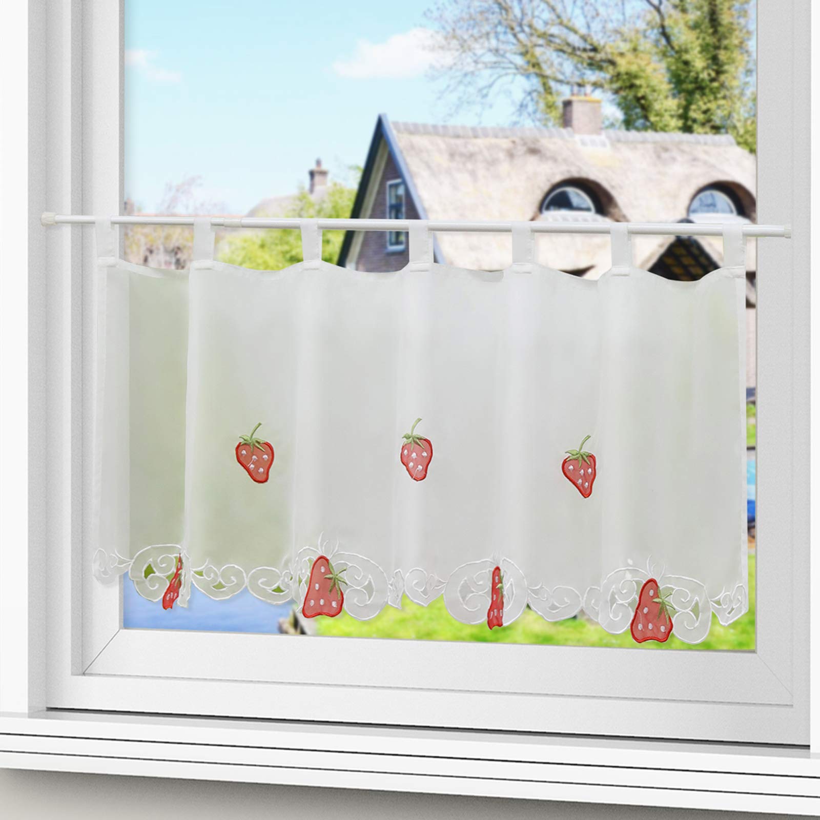 Yujiao Mao Fruit Pattern Window Curtain Transparent Kitchen Curtain with Vine Hem 1 Pack Voile Coffee Curtain with Loops BxH 145x60cm strawberry