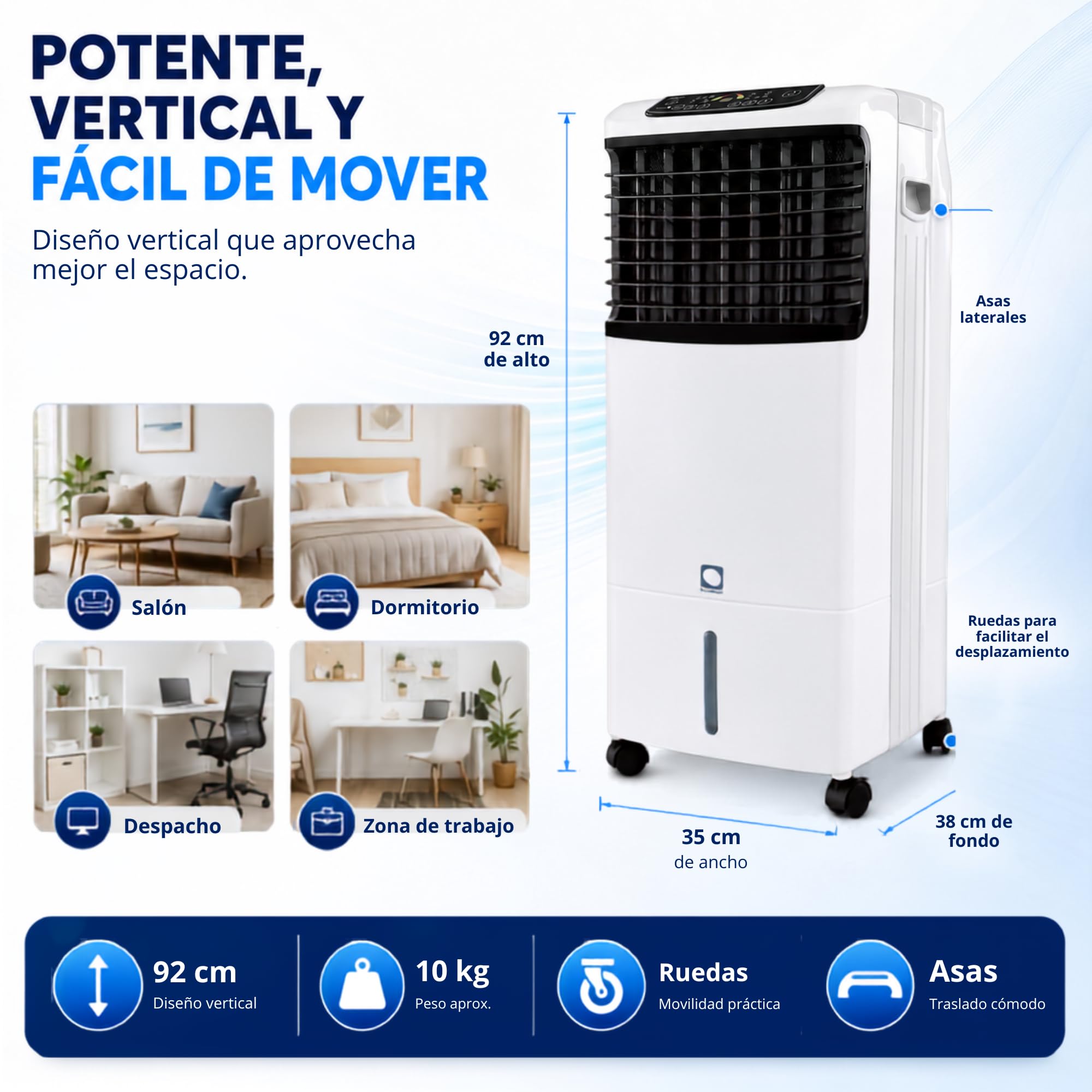 Climatizador Evaporativo VONALA E1300C – Enfriador de Aire y Calefactor 2 en 1 con Ionizador, Depósito 10L, 6 Velocidades, Mando a Distancia, Modo Calor y Frio