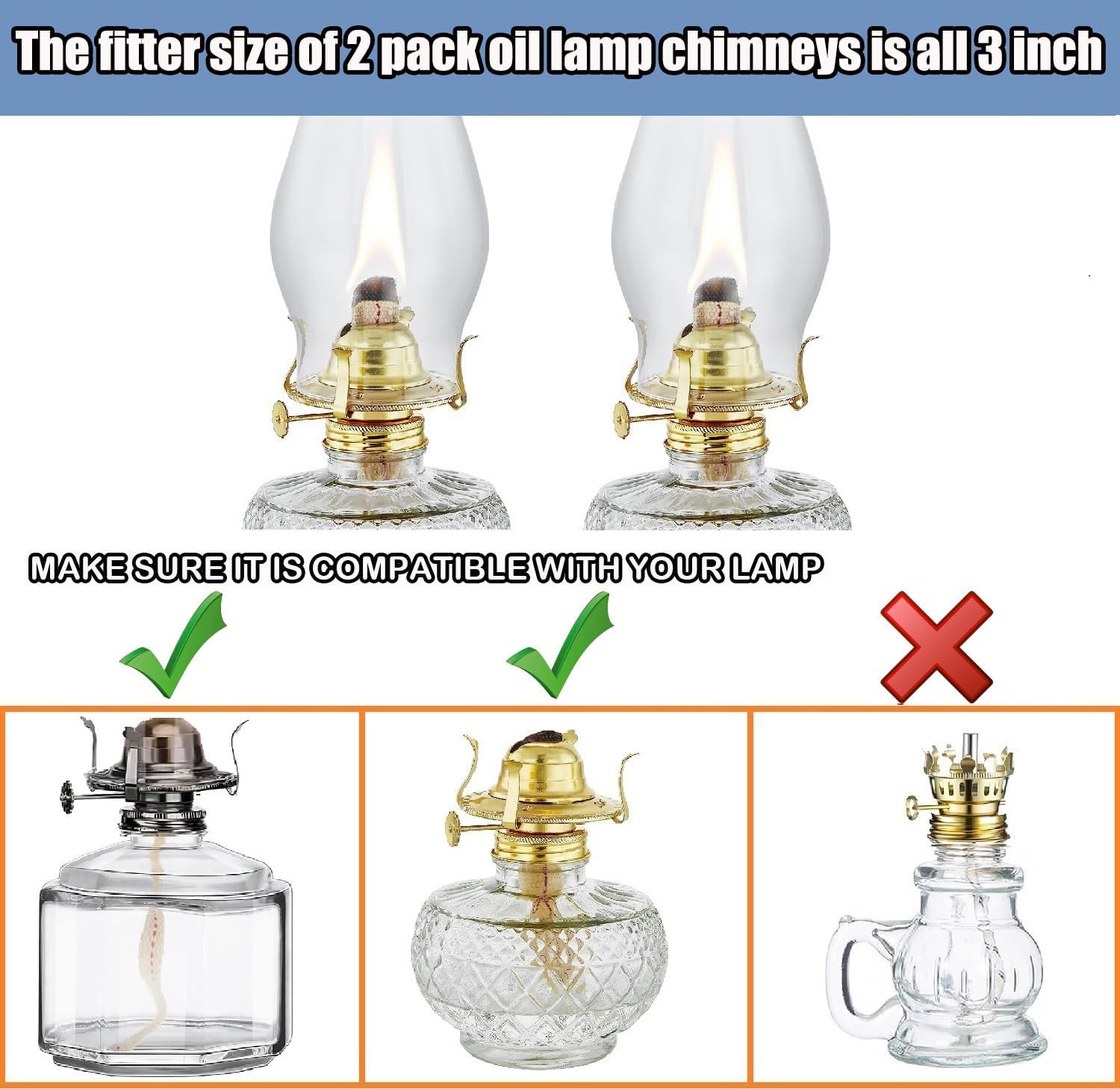 Oil Lamp Chimney Replacement,3 Inch x 8 Inch Kerosene Lamp Globe,Clear Glass Oil Lamps Globe, Crimped Top Hurricane Lamp Shade Cover,Glass Chimney for Oil Lamps(2 Pack)