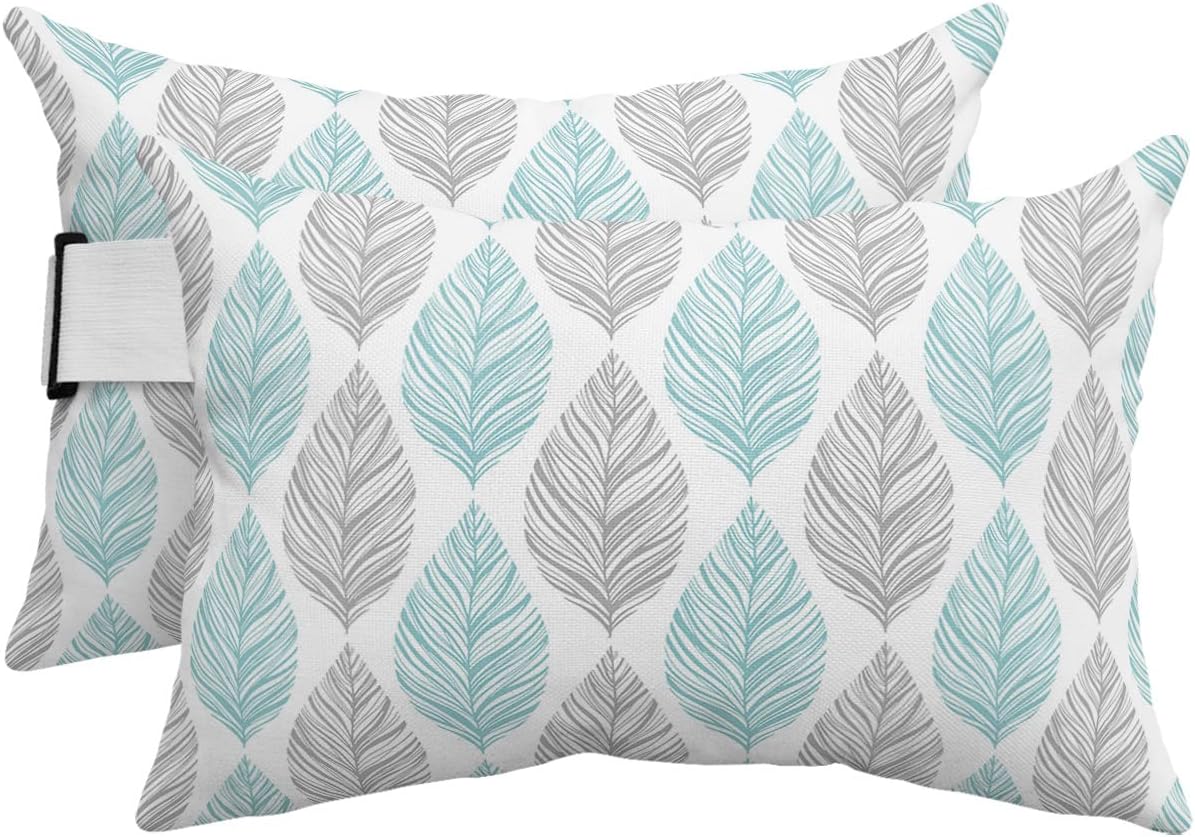 Pack of 2 Teal and Grey Leaf Texture Lumbar Pillow Covers, Outdoor Waterproof Throw Pillow Covers Set, Turquoise Abstract Art Leaves Decorative Cushion Case for Patio Beach, 12x20 Inch