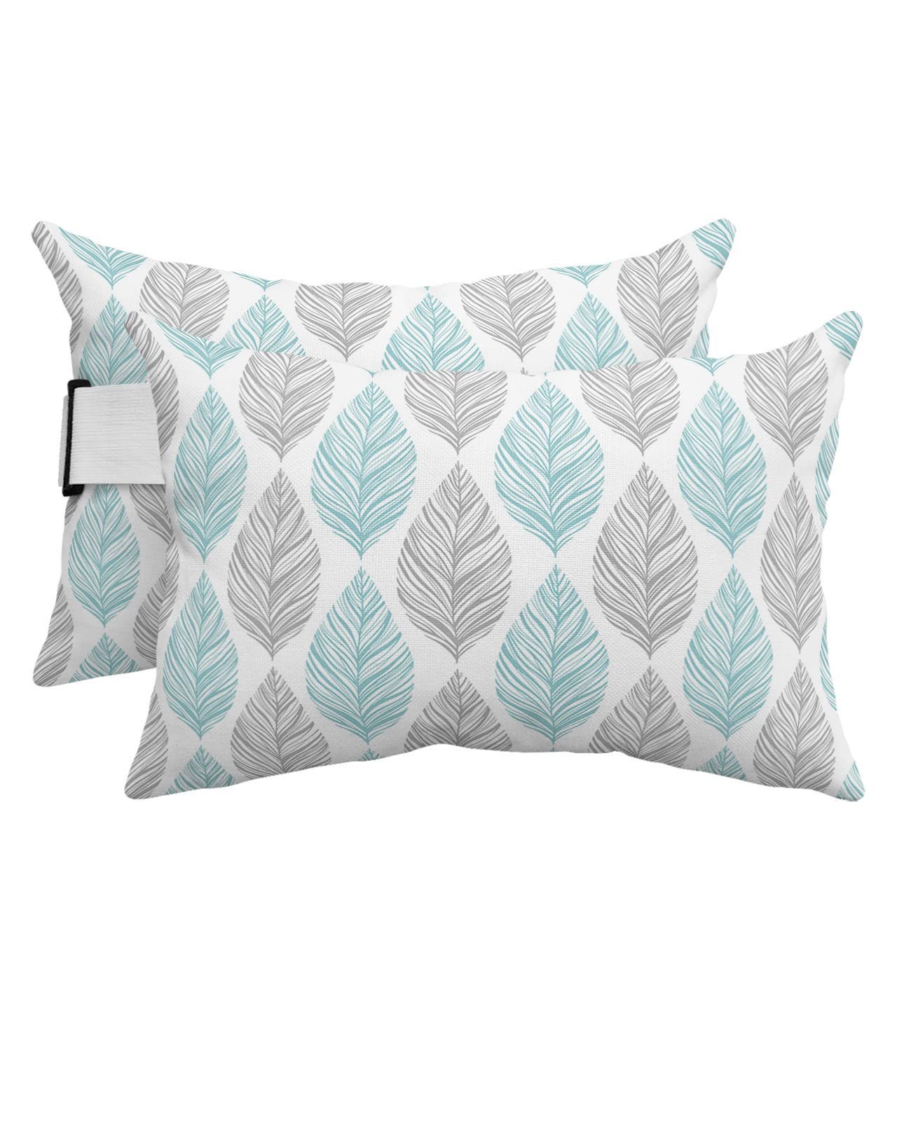 Anzona Pack of 2 Teal and Grey Leaf Texture Lumbar Pillow Covers, Outdoor Waterproof Throw Pillow Covers Set, Turquoise Abstract Art Leaves Decorative Cushion Case for Patio Beach, 12x20 Inch