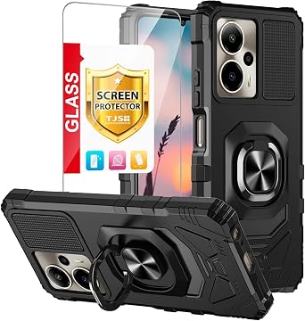 TJS Compatible with Cricket Outlast 5G 2024 Case, AT&T Motivate Pro 5G Case, with Tempered Glass Screen Protector, Metal Ring Magnetic Support Kickstand Heavy Duty Drop Protection Phone Case Black