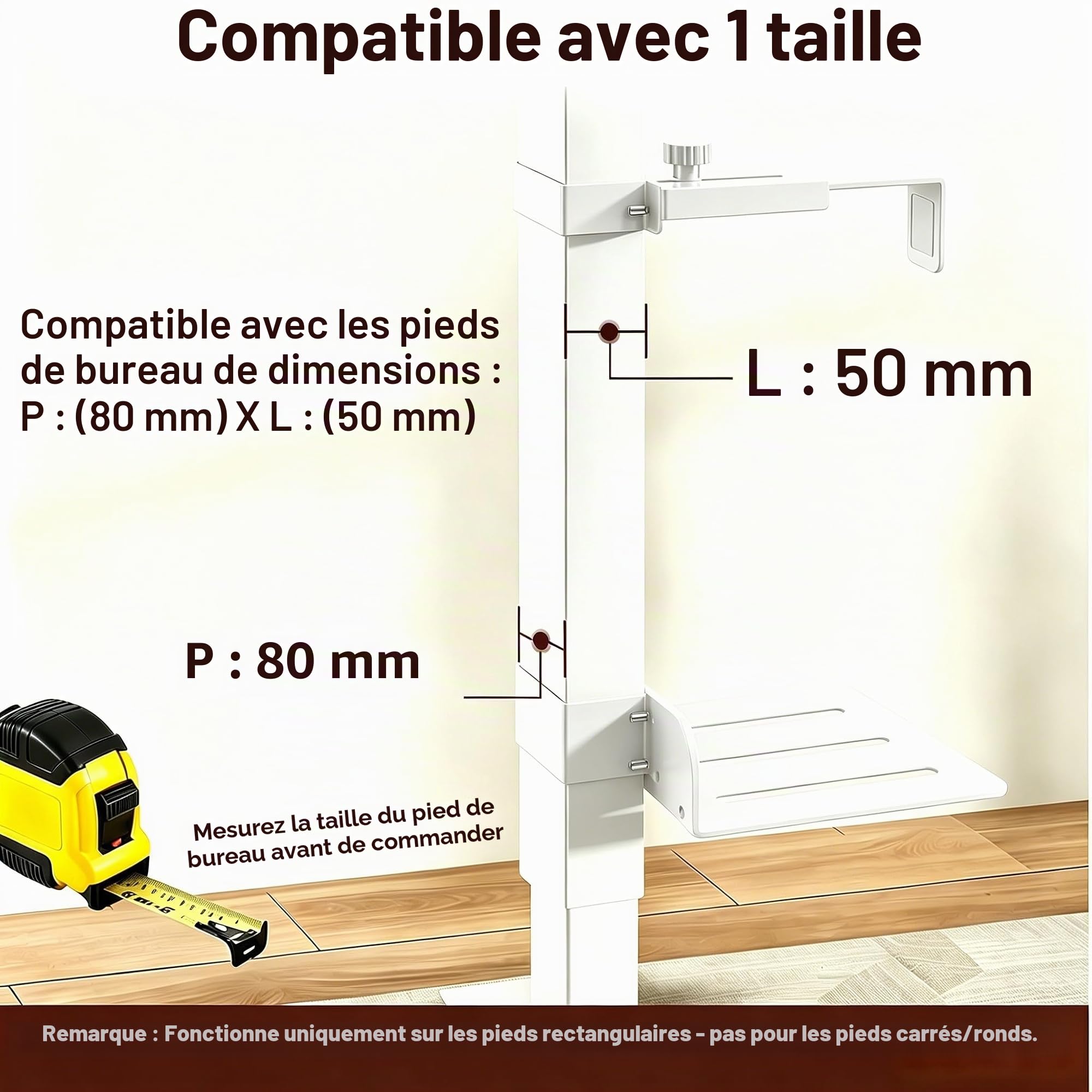 Mihawk Support PC réglable sous le bureau Sans perçage Support CPU pour bureaux réglables en hauteur Charge max 18 kg (40 lbs) Pour pieds de bureau 50 × 80 mm (blanc)