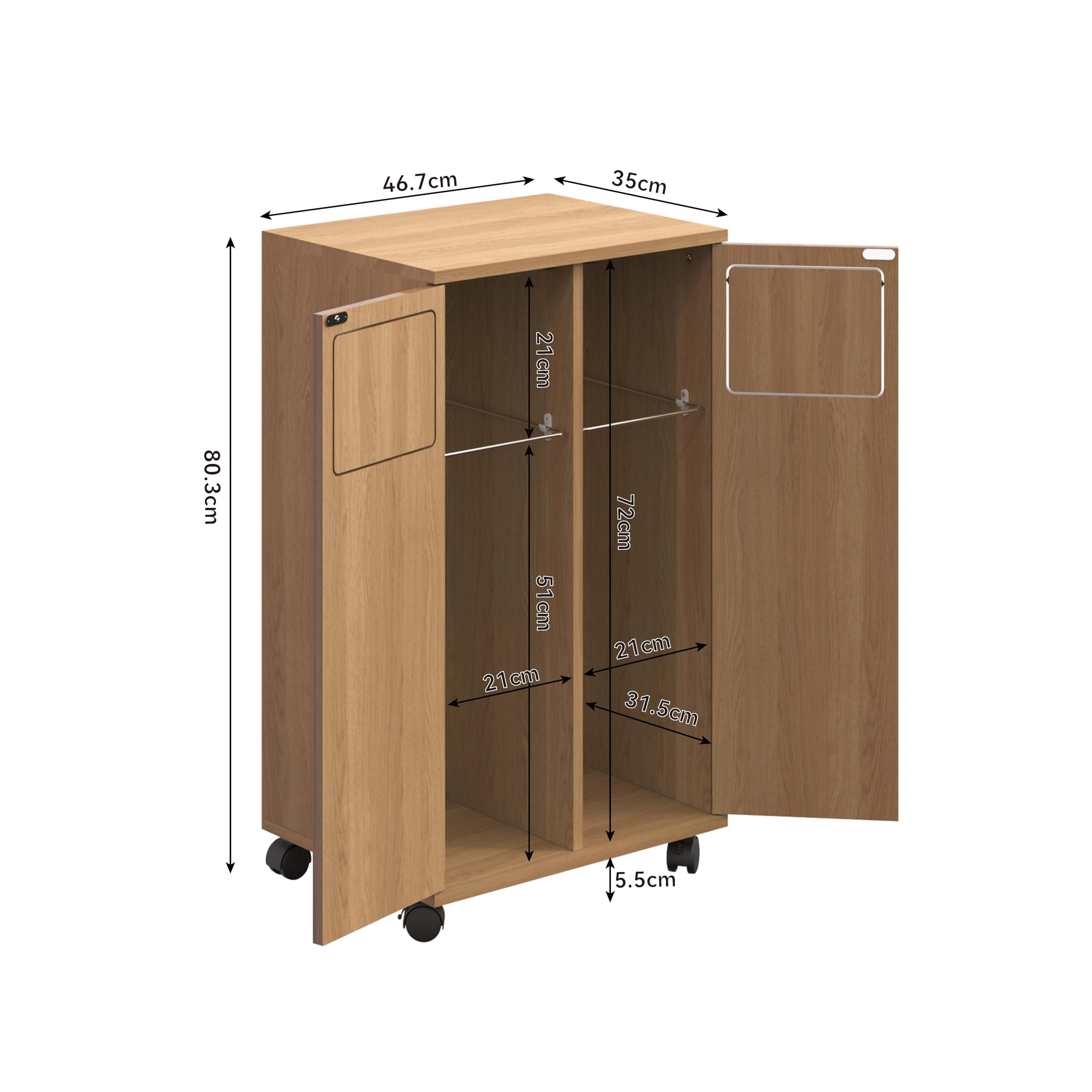 Mülleimer Schrank Küche, Mülleimer mit Rollen, Küchenschrank mit Mülltrennsystem, Mülltrennsystem 2 fach, Univeralschrank in Hellholz-Optik, Recyclingschrank (Naturholzfarbe, 46,7x35x80cm)