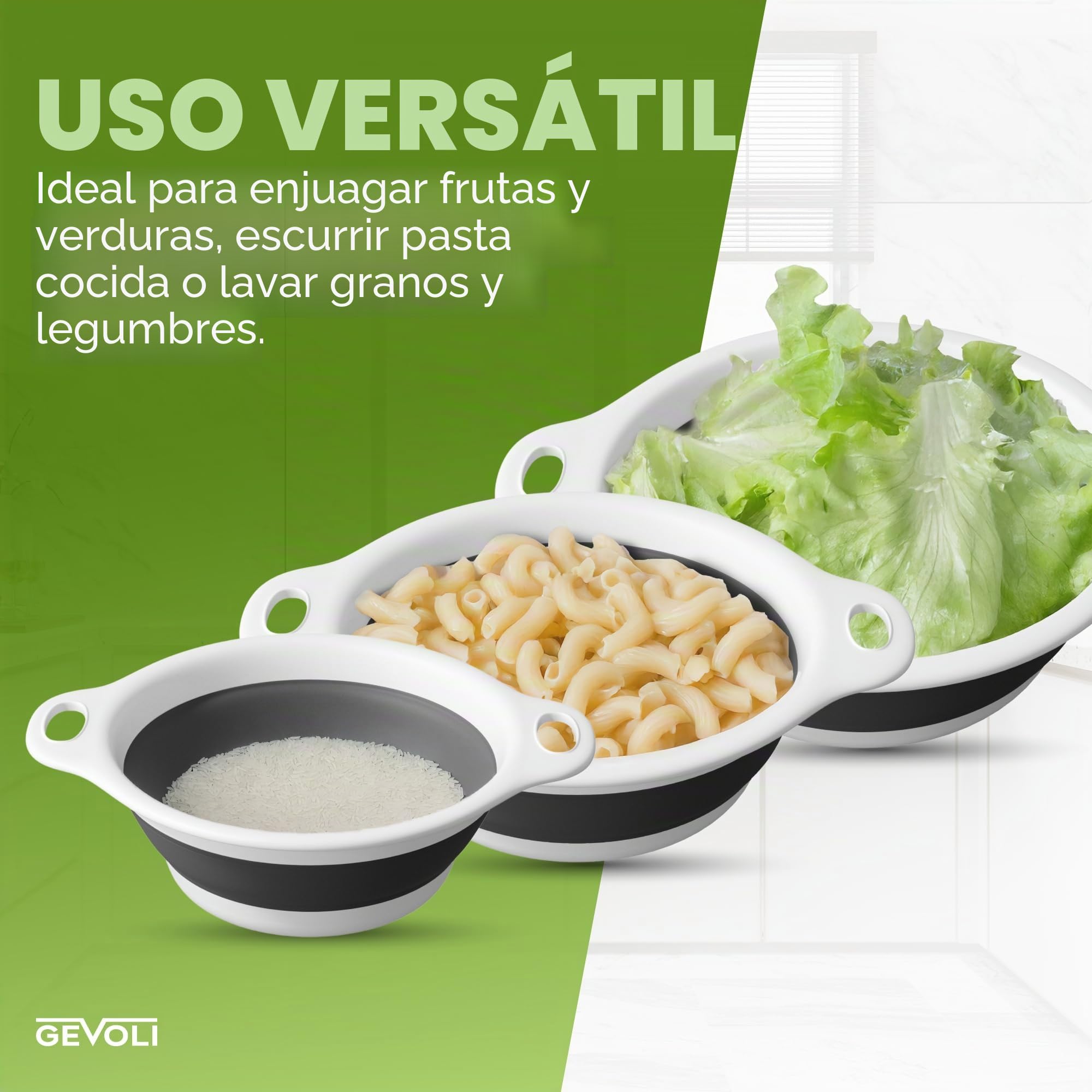 Gevoli Coladores plegables (juego de 3) coladores de alimentos con base de drenaje para frutas y verduras de pasta, color blanco (3 tamaños: 3/4 galón, 4/5 galón)