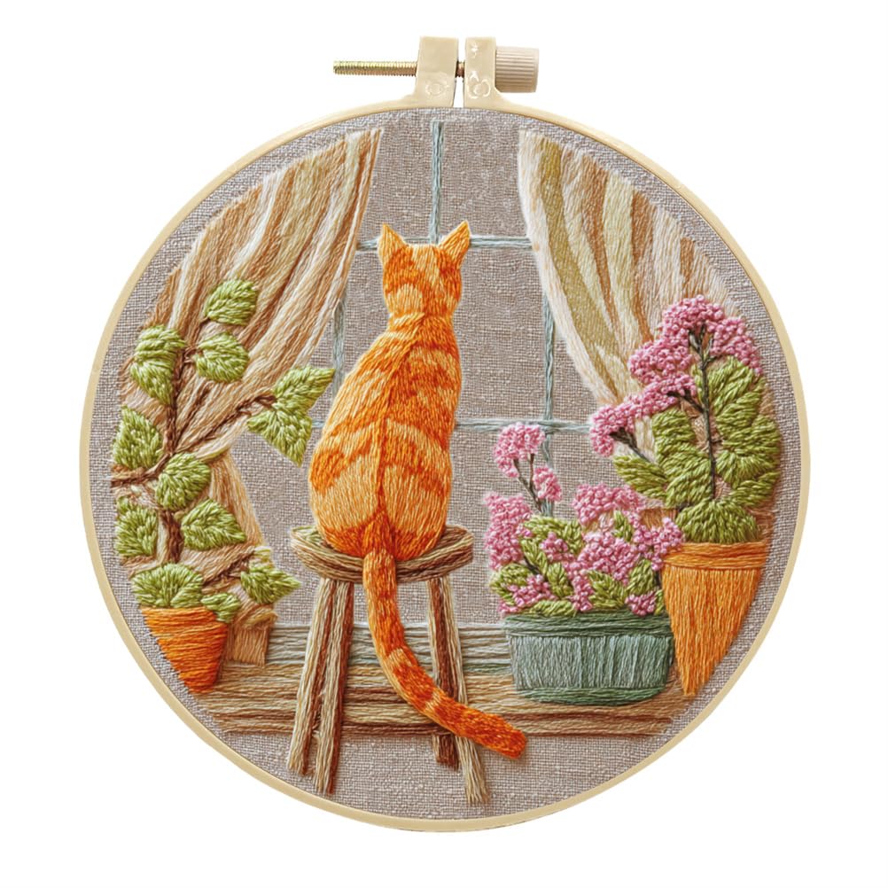 Meecaa Embroidery Kit Starter Set, Cat Flower Animal Hand Embroidery Set, Pattern Printed Cross Stitch Set for Beginner Adults, with Embroidery Hoop and Instructions (Cat)