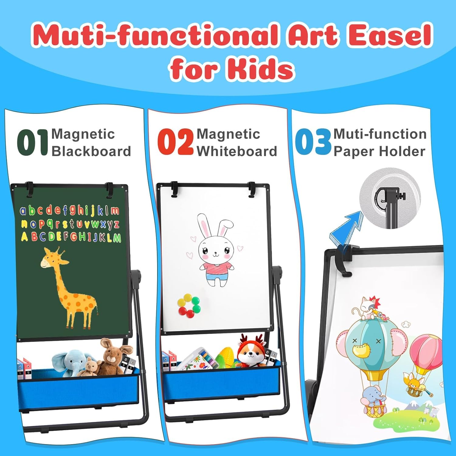 Kids Easel Double-Sided Standing Easel with Paper Clip Foldable Drawing Board Height Adjustable Standing Art Easel 360° Rotatable Whiteboard Chalkboard Great Gift for Kids