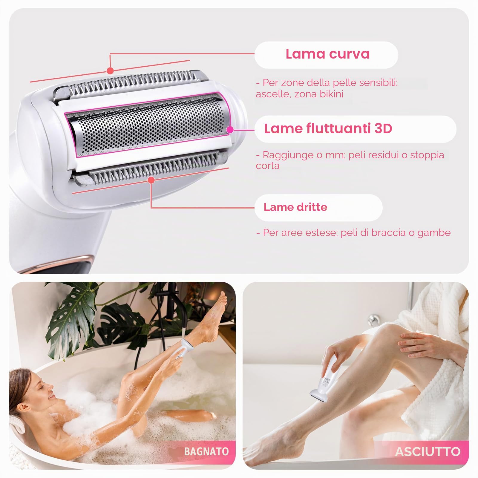 Rasoio Elettrico Donna, 5 in 1 Impermeabile Rasoio Parti Intime Kit Rasoio Elettrico Corpo, USB Rasoio Intimo a Secco e Bagnato Epilatore Elettrico Donna Indolore Femme