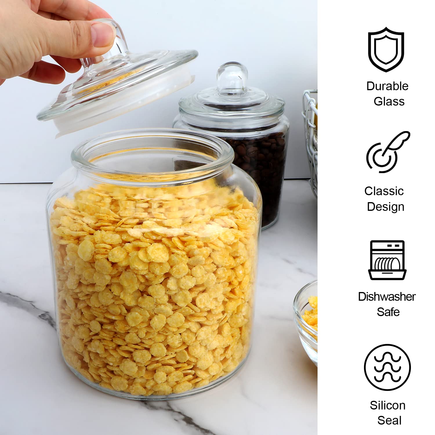 Salzesfalls - Set di 4 barattoli in vetro per cucina, per alimenti e biscotti, con coperchio ermetico per dispensa, farina, caffè, biscotti, pasta, caramelle