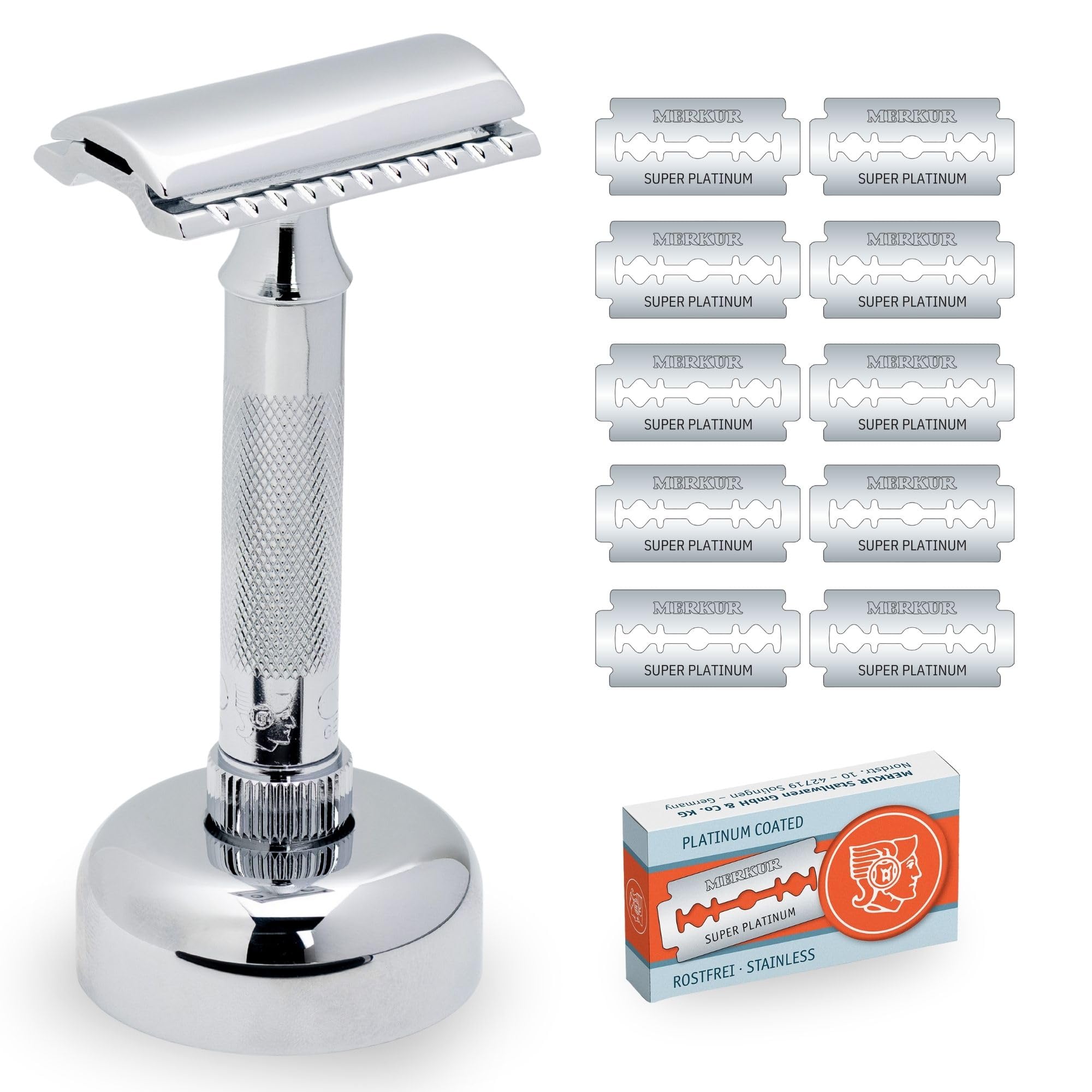 MERKUR 34C Rasierhobel Set inkl premium Rasierhobel, Rasierständer und 11x Platinum Klinge | Glanzchrom | Geschlossener Kamm | Ideal für Nassrasur | Made in Germany
