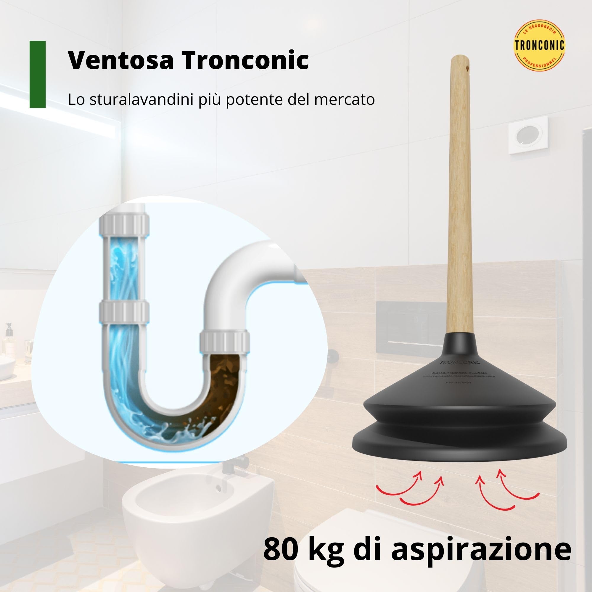 Tronconic - 80 KG di aspirazione - stura lavandini e scarichi - sturalavandino - stura wc - sturatubi - ventosa sturalavandini - Made in France…