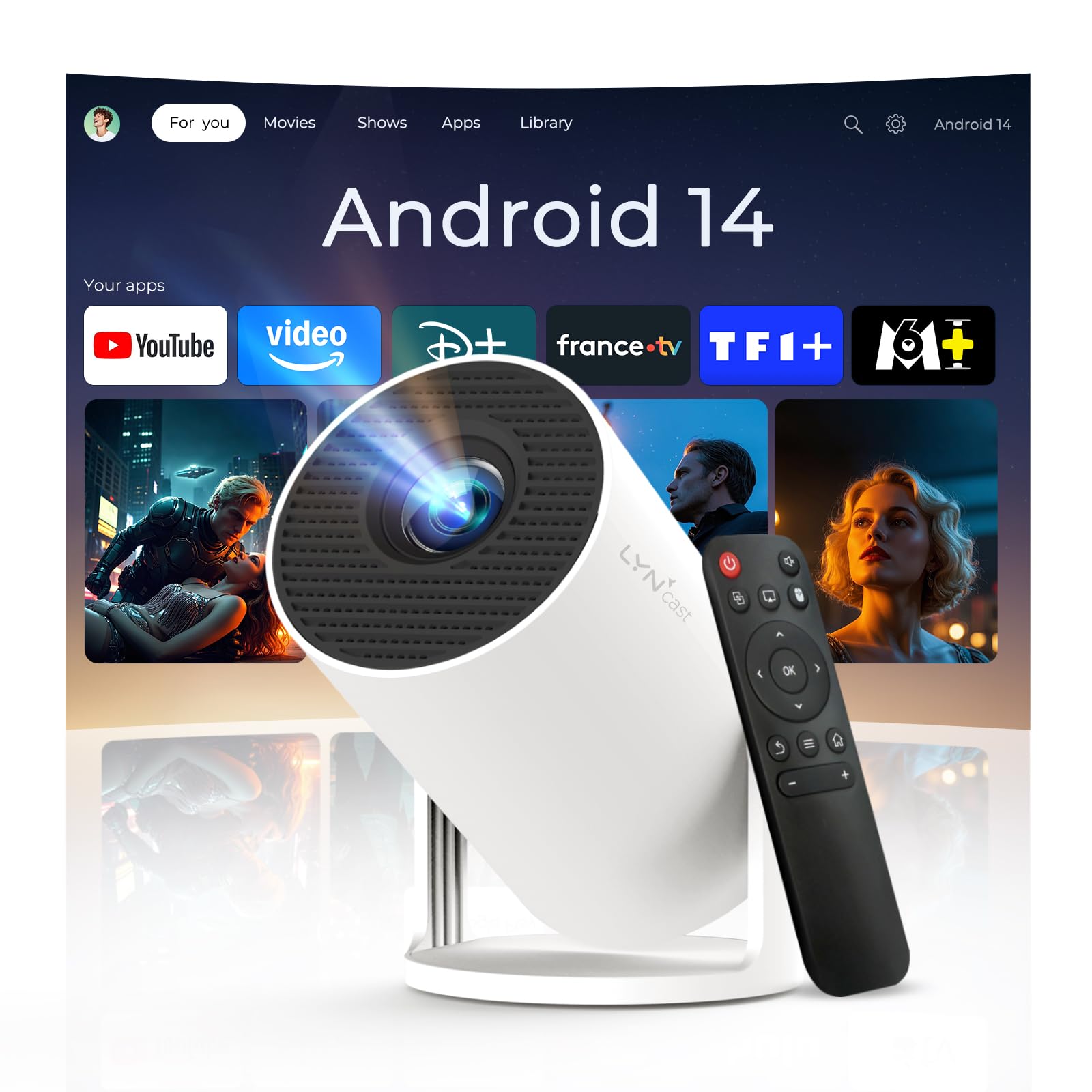 Vidéoprojecteur Compatible 4K Android 14 Mini Video Projecteur Contrôle App | Smart Rétroprojecteur avec Wi-FI 6 & Bluetooth 5.4, Auto Keystone, 2026 Upgraded Projector pour HDMI/iPhone/USB, Blanc