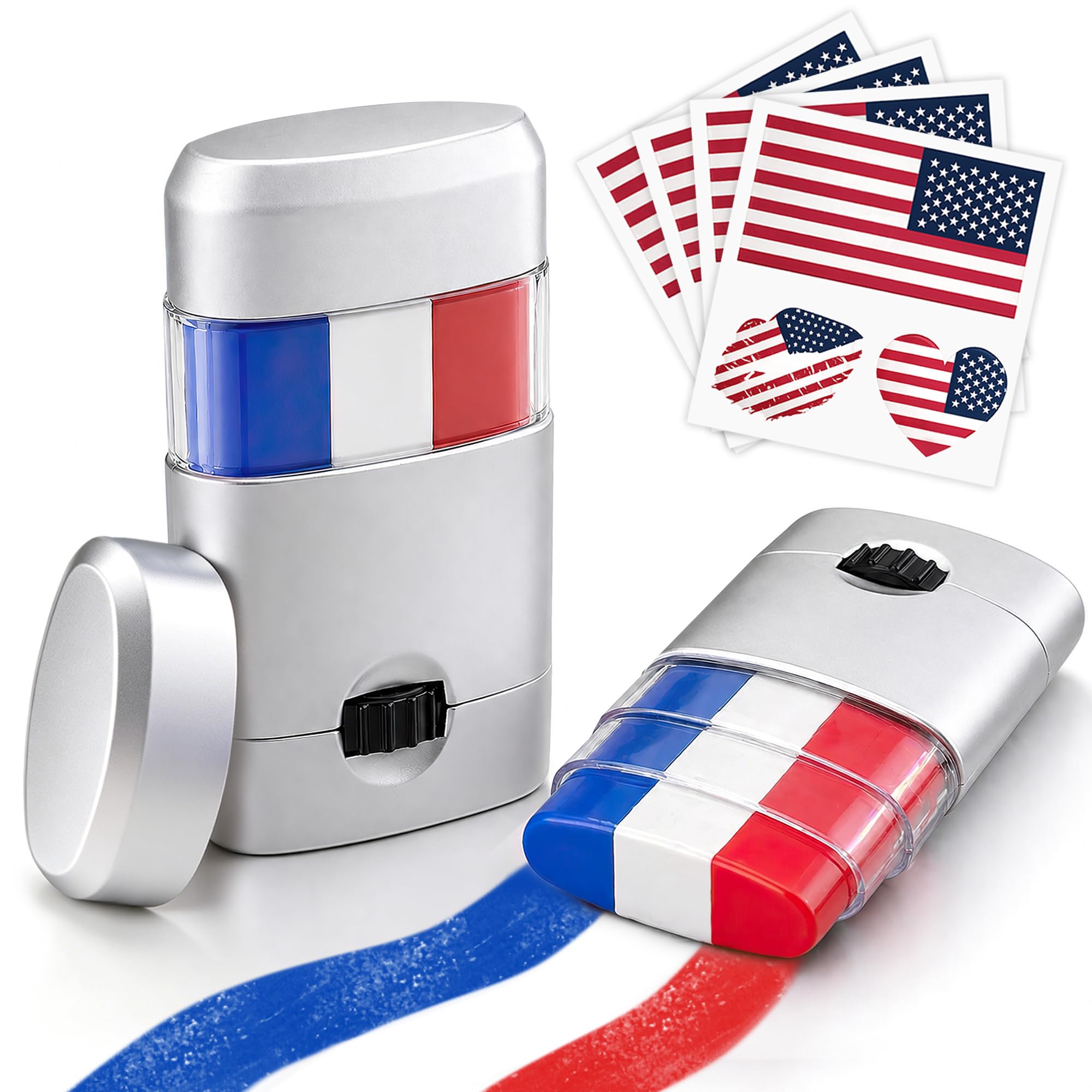 2PCS Red White and Blue Face Body Paint Sticks with American Flag Tattoos, Patriotic 4th of July Accessories for Kids & Adults, Hypoallergenic, Easy Wash Eye-Black for Independence Day & Sports Events