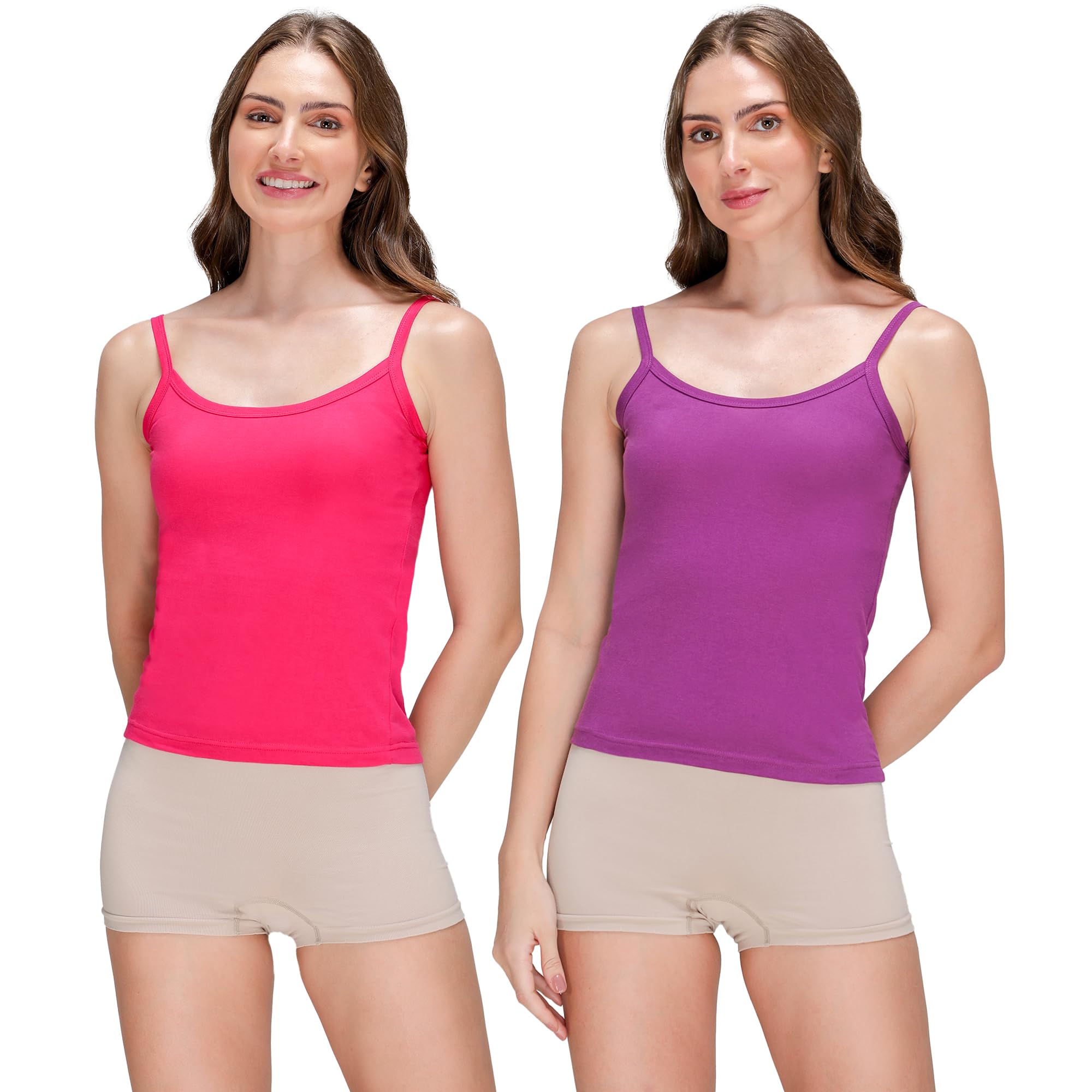 amul comfy Pack of 2 Dark Assorted Sleeveless Solid Cotton Short Slips Camisole for Women | Colour May Vary | Assorted Colours-picture-32