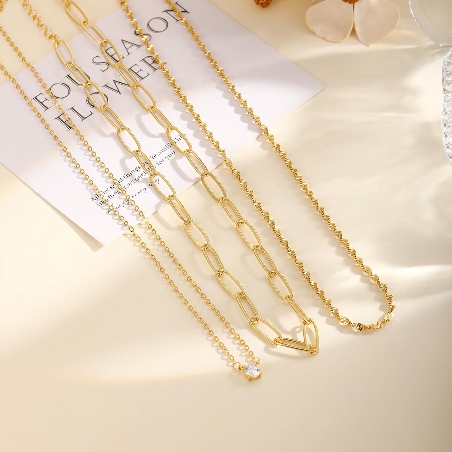 Layered Gold Necklace for Women Trendy 14K Gold Plated Heart CZ Pendant Layered Gold Necklaces Set Coin Choker Necklaces Simple Circle Cubic Zirconia Pearl Necklace Stack Herringbone Paperclip Chain Jewelry Set - Image 6