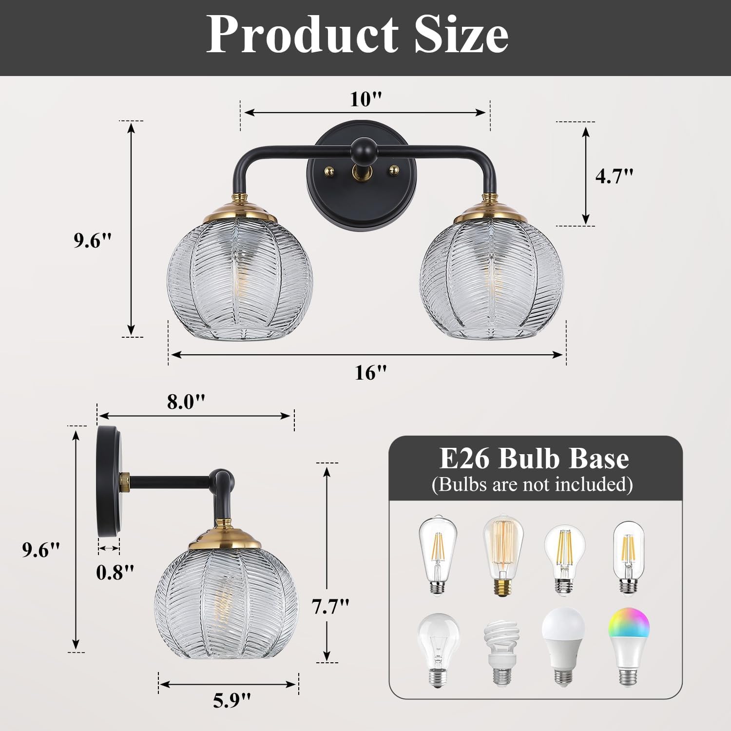Bathroom Vanity Light Fixtures, 2-Light Smoky Gray Glass Shade, Modern Black and Gold Wall Sconce, Unique Textured Leaf Pattern, Ceramic E26 Sockets Wall Mounted for Mirror, Cabinet, Hallway