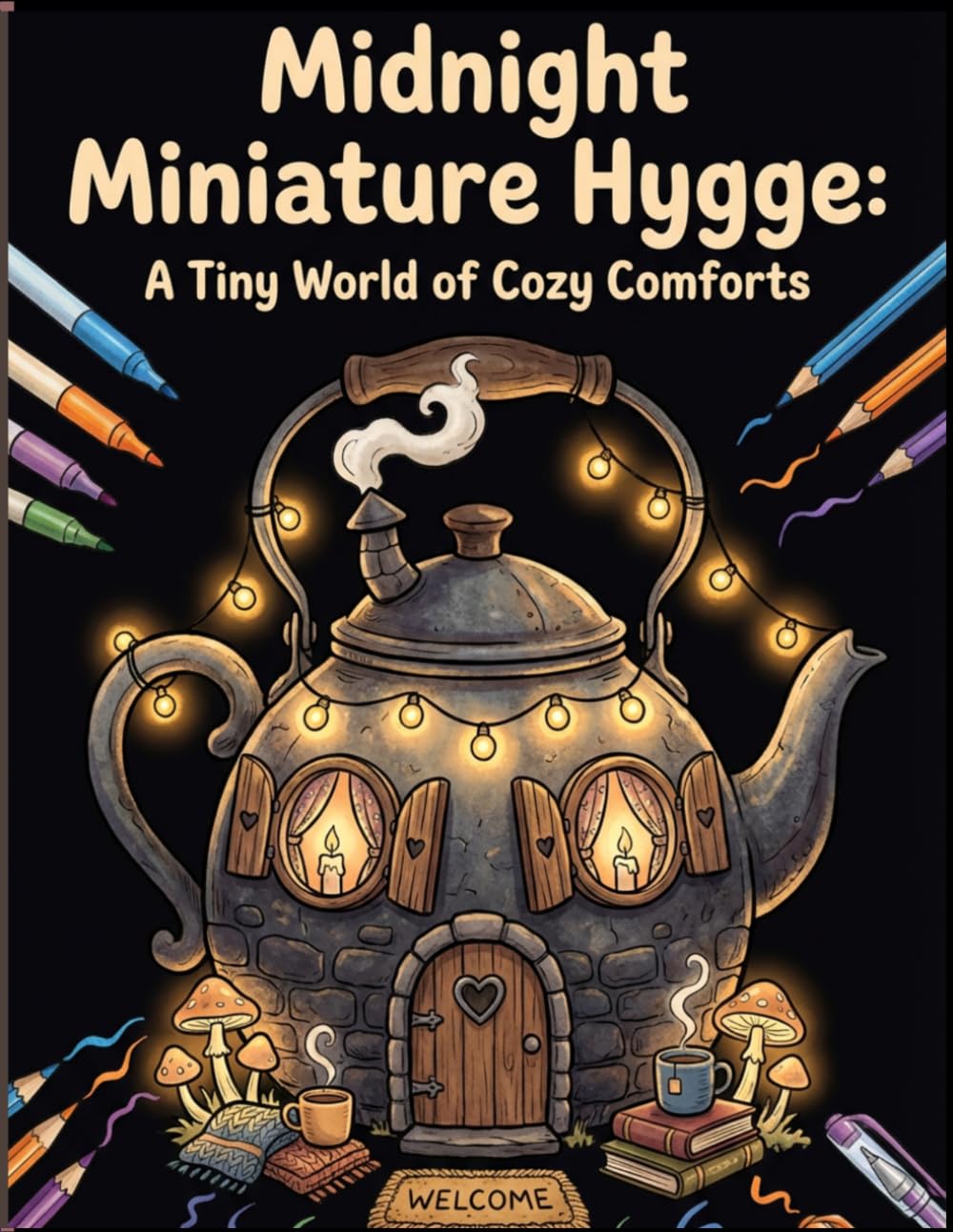 Midnight Miniature Hygge: A Tiny World of Cozy Comforts: 50 Bold & Easy Illustrations on Black Pages for Stress Relief