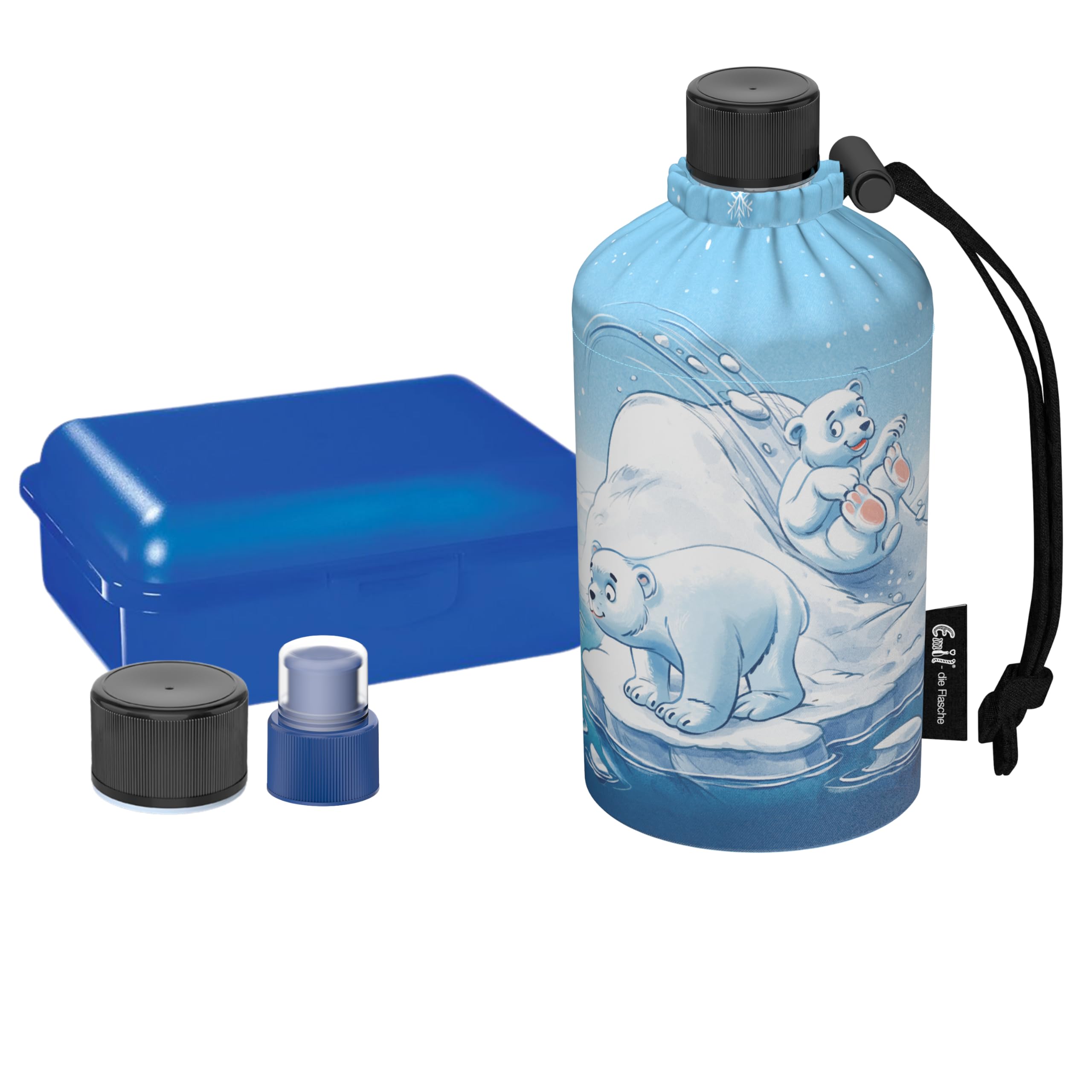 Emil Glas Trinkflasche Starterset Polarfreunde – mit Brotbox & 3 Verschlüsse, 0,3l oder 0,4l, isolierte Kinderflasche für Kita, Kindergarten & Schulstart, schadstofffrei (0,3l)