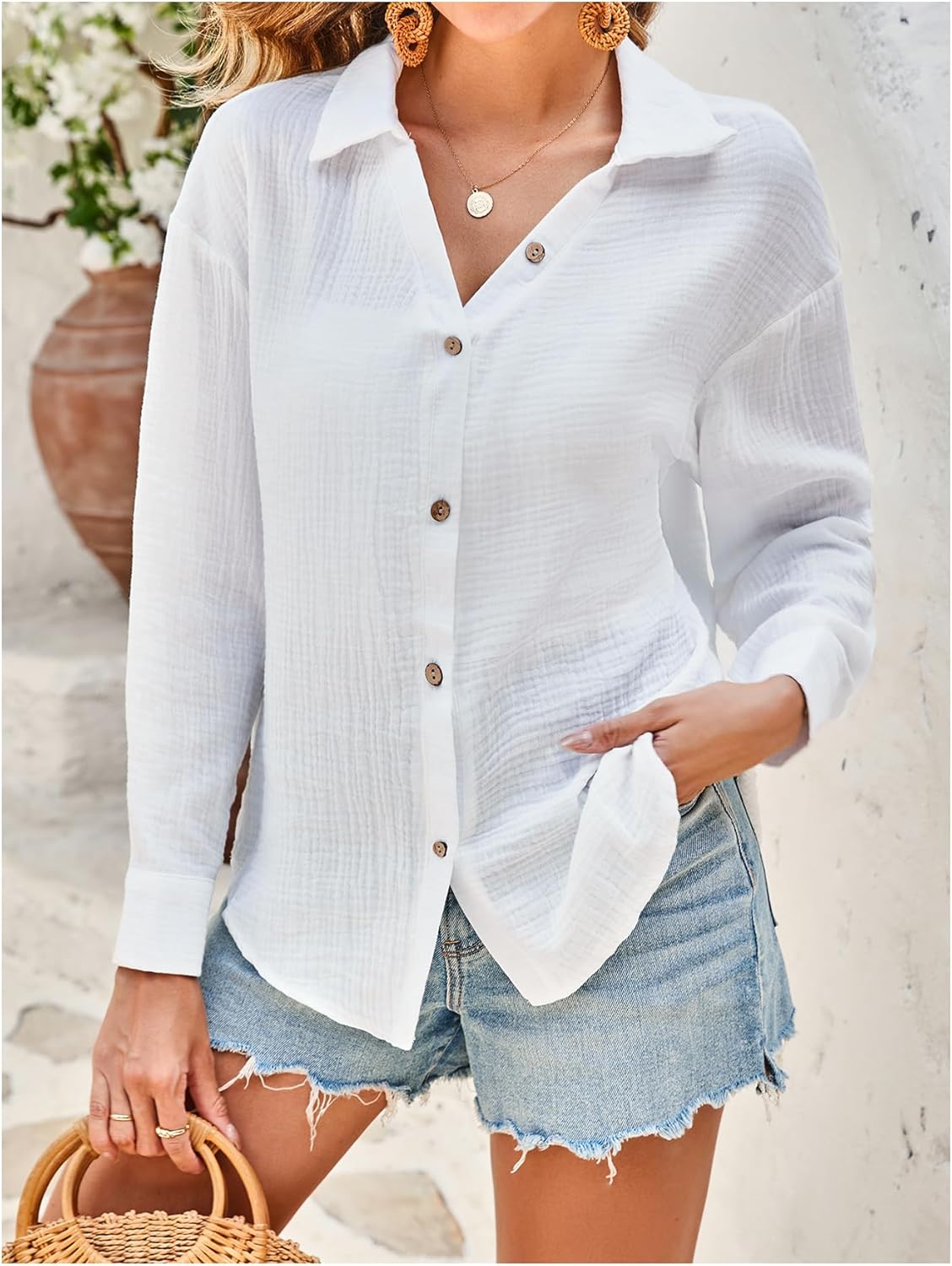 SHENHE Women's Button Down Tunic Shirt Long Sleeve Split Hem Vacation Travel Blouse - Image 5