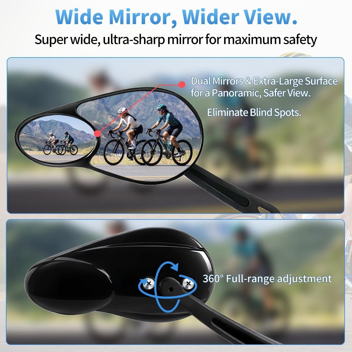 1 Pair Bike Mirror Handlebar Mount, Dual Sport Mirrors, 360°Adjustable HD Bicycle Rear View Mirror, Scratch Resistant & Wide Angle, Fit for E-Bike, Mountain Bike, Scooter, Left+Right