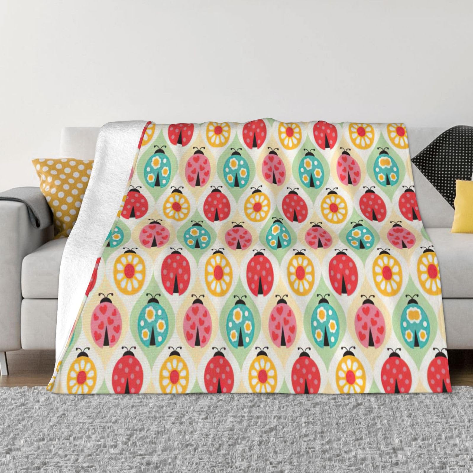 Couverture en flanelle anti-froid plaid doux coccinelles pour canapé et lit