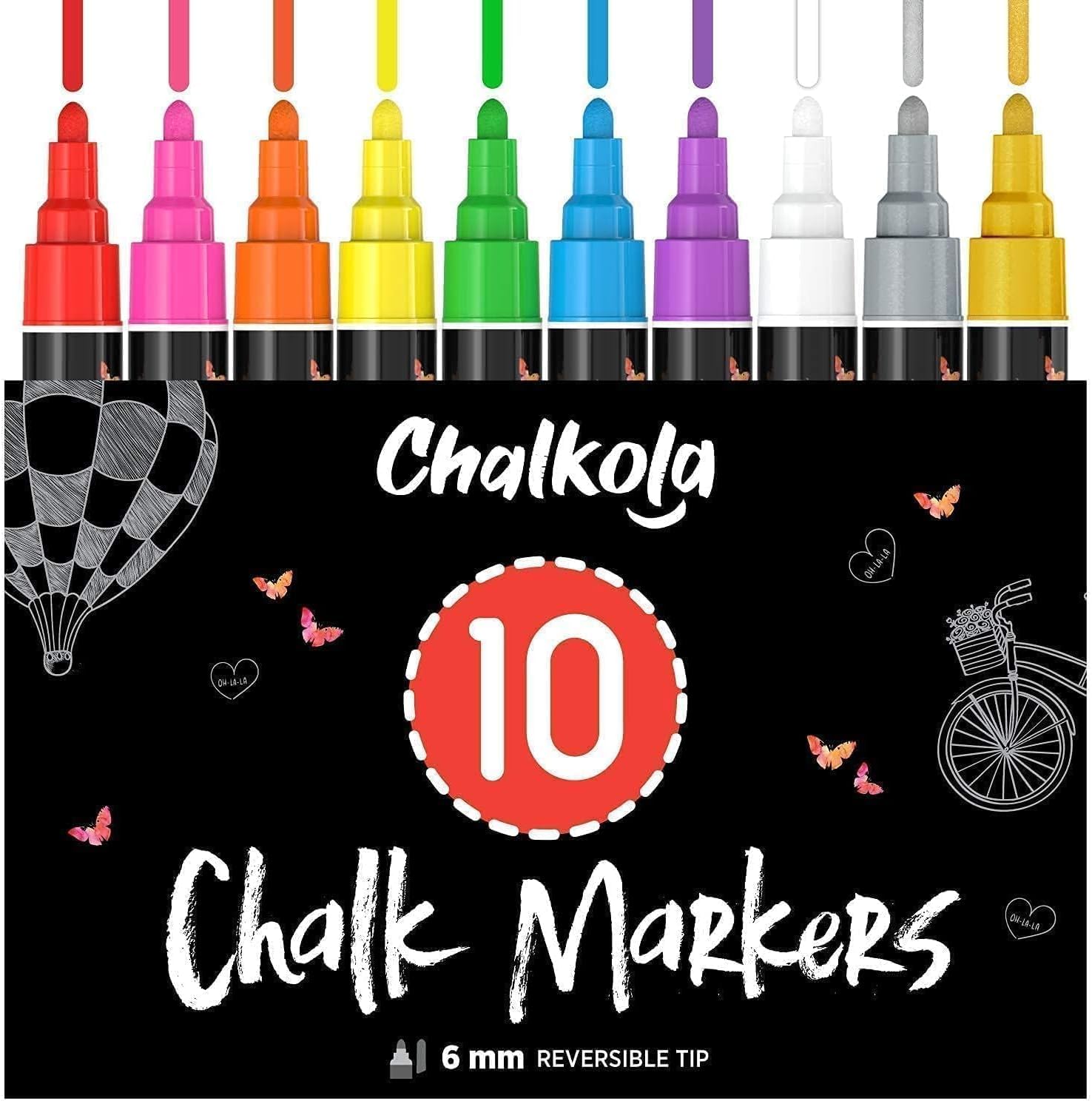 Chalkola 10 Kreidestifte für Tafel Abwaschbar - (10 Stifte, 6mm Kreidestift) Kreidestifte für Fenster, Tafelkreide & Glasstifte, Chalk Marker, Kreidemarker Abwischbar, Fensterfarben Kinder