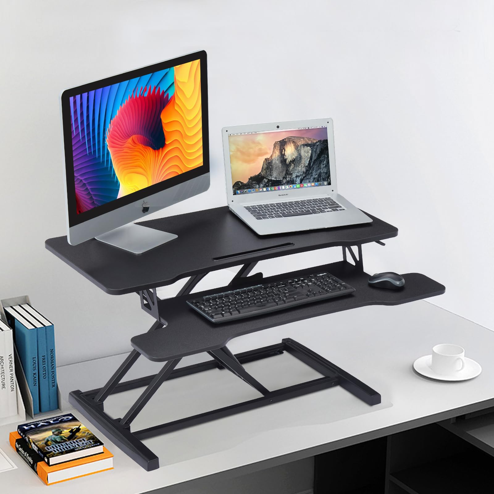UPdesk Cross - Schreibtischaufsatz höhenverstellbar für Laptop & PC - Schreibtischerhöhung - Stehpultaufsatz für Schreibtisch - Höhe 11-50,4 cm - Breite 40 x 80 cm - Gasfeder - SCHWARZ