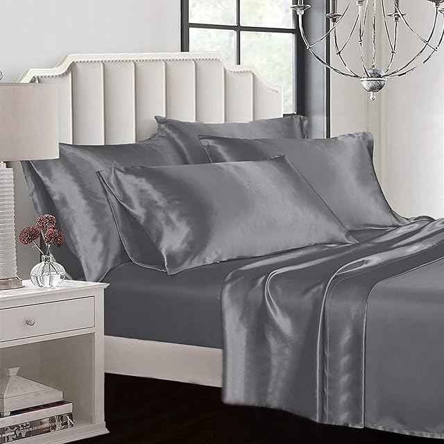 Todd Linens Soft, 6-Piece Duvet Cover Set Silky Polyester Satin -100 GSM Fabric, Breathable, Cool, & Moisture-Wicking Comforter Sleeve (Silver, Double)