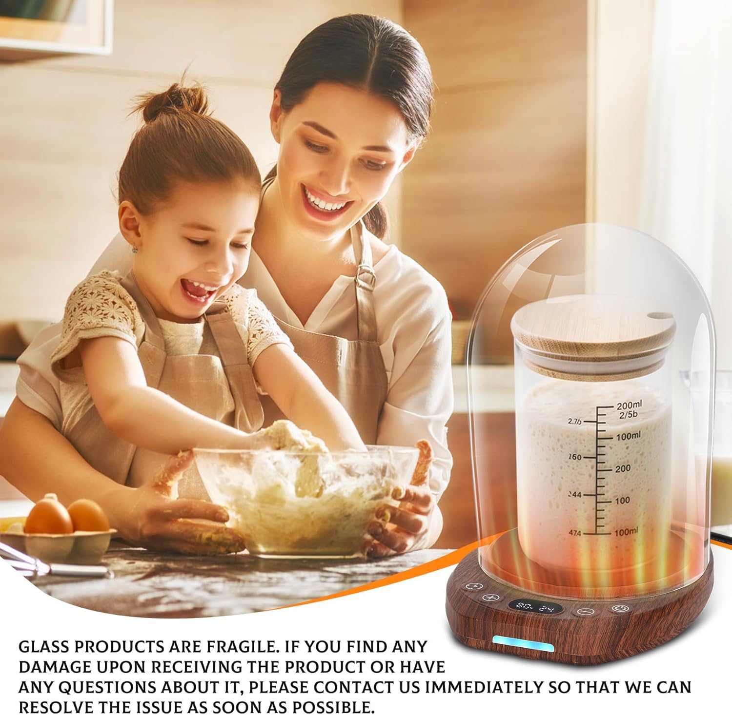Sourdough Starter Warmer Mat with Glass Dome Precise 1°F Thermostat Control (70-104°F) 0-24H Timer Automatic On/Off Sour Dough Warmer and Glass Cover for Home Baking（Wood Grain） - Image 7