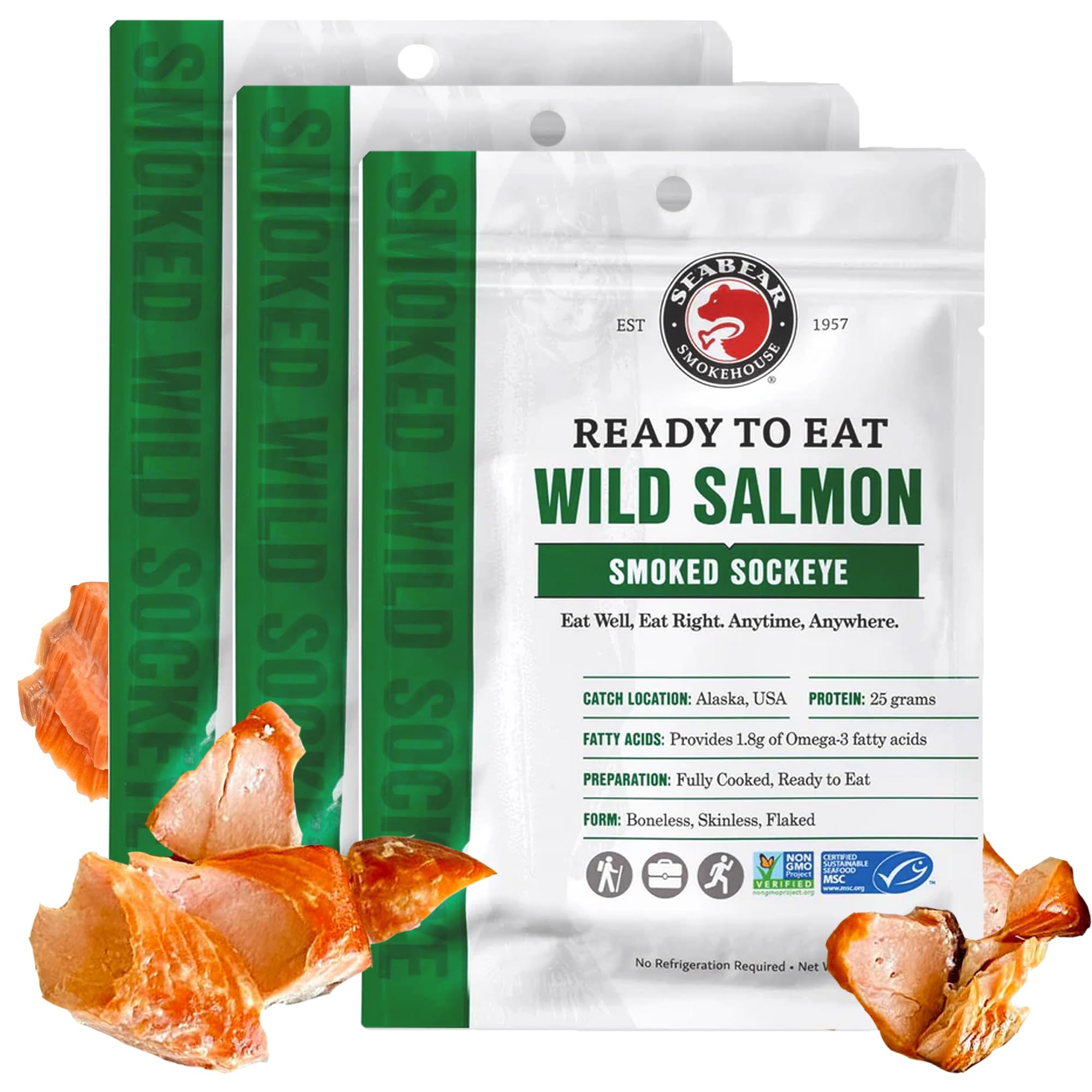 SeaBear Ready to Eat Smoked Wild Sockeye Salmon 3-Pack Wild-Caught Salmon, Fully Cooked in Gold Seal Pouch, No Refrigeration Needed, Shelf-Stable Gourmet Meal or Snack, 3.5 oz (Pack of 3)