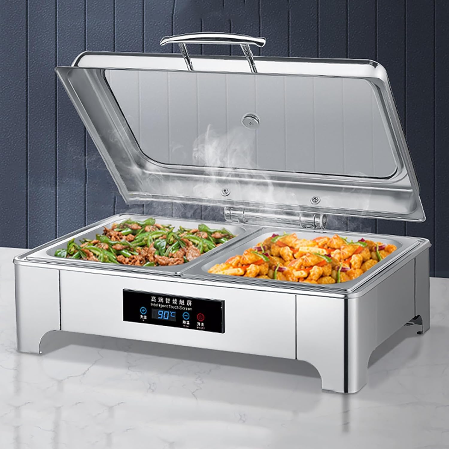 9L Chafing Dish Elettrico Acciaio Inox, Scaldavivande Elettrico Professionale con Regolazione Intelligente della Temperatura, con Controllo Touch Screen e Coperchio in Vetro(1/2 Pan)