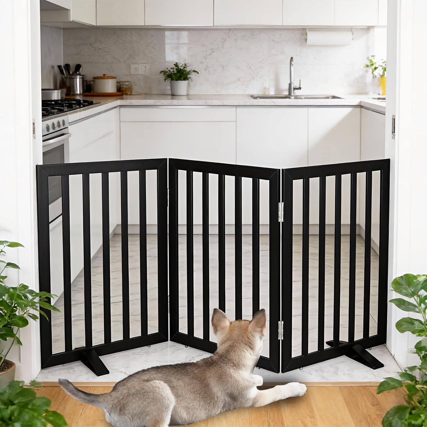 Dog Gate Indoor, Freestanding Dog Fence for The House, Doorways, Hallways,or Stairs,Pet Gate Foldable Wooden,Expandable 24 Height 3 Panels,Black