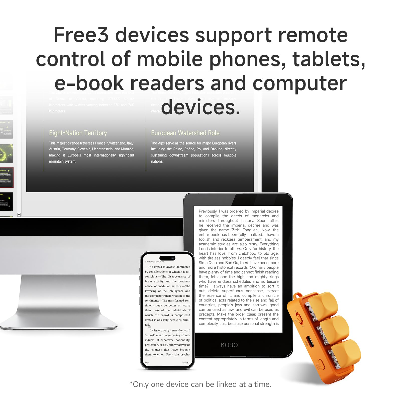 Photo 1 of Wireless Page Turner Remote Control Fits for ALL Smartphones | ALL Tablets&Android&Kobo E-Readers | (Not fit Kindle) Mini Remote Control with DIY Switch,Built-in Rechargeable Battery (White)