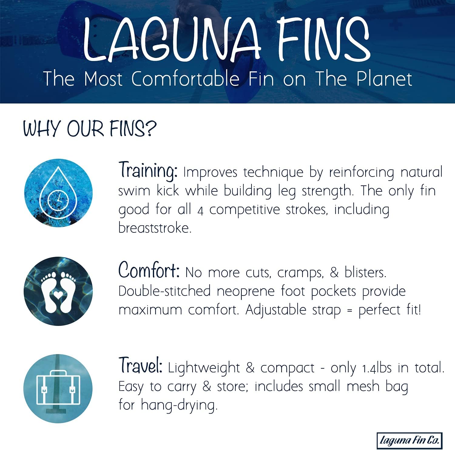 Laguna Fin Swim Fins - Open Water and Training Short Fin, Fully Adjustable, Open Heel, Lightweight and Floatable, Available in Youth and Adult Sizes : Sports & Outdoors