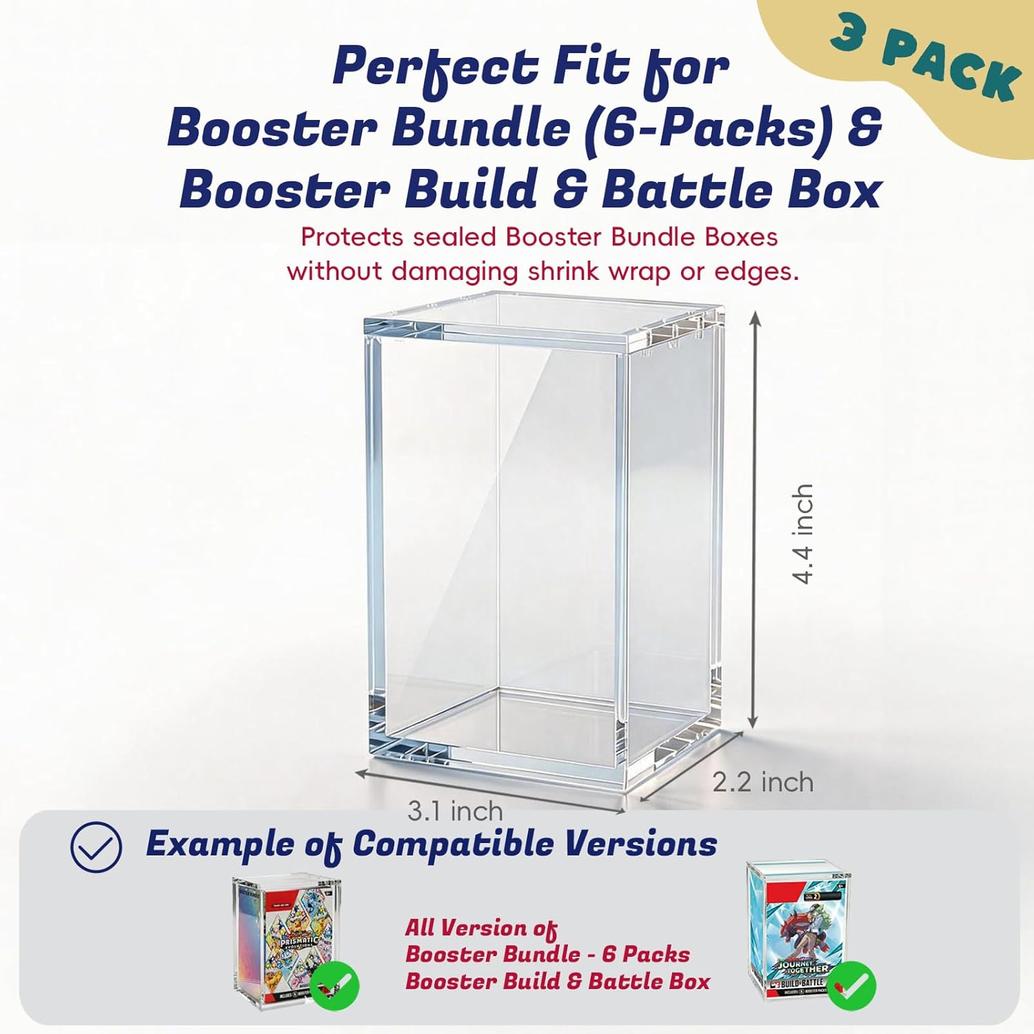 Booster Bundle Acrylic Case 3 Pack – Magnetic Booster Bundle & Build and Battle Box Protector Display Case, 5mm Thick Clear Acrylic Storage Box with 3mm Magnet Lid, Stackable Collector Protection
