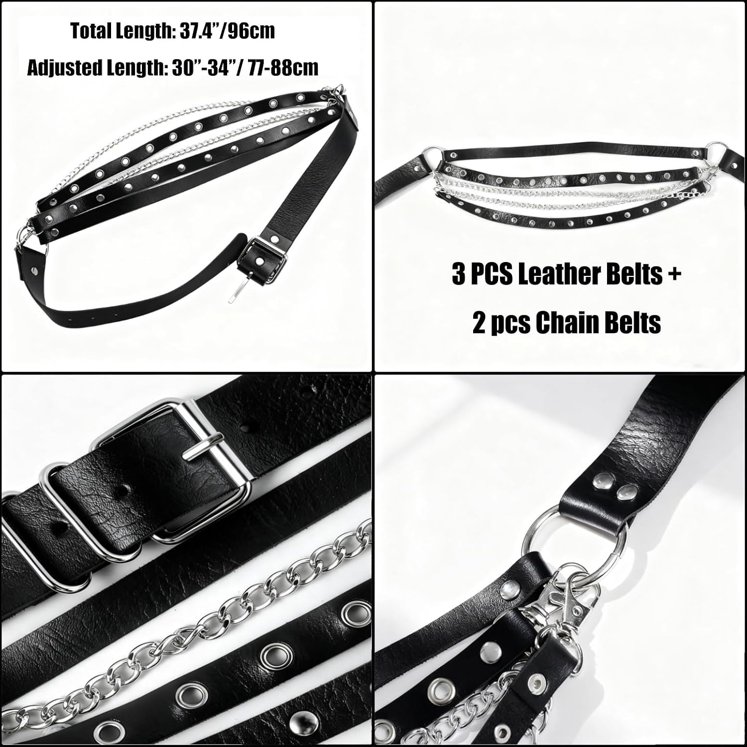 Punk Goth PU Leather Layered Wasit Belt for Women, Adjustable Grunge Emo Rave Gothic Chain Belts Accessories