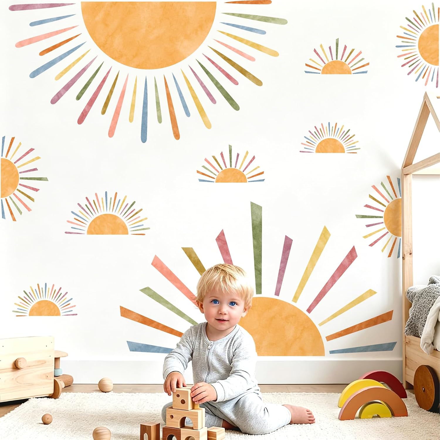 Watercolor Sun Wall Decals Large Boho Sun Wall Stickers Big Rainbow Sunshine Decorations for Walls Sunrise Sunset Stickers Cute Half Rainbow Sun Decals for Kids Room Nursery Playroom Decor