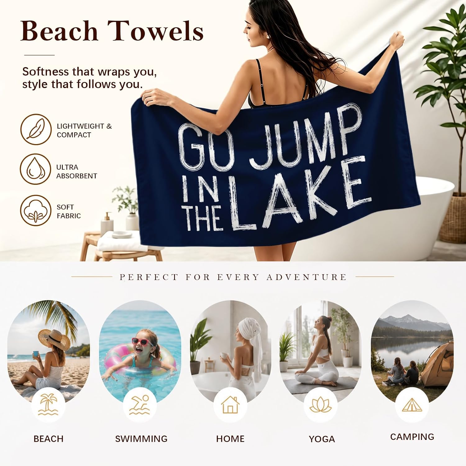 Lake House Beach Sand Towel, Navy Blue Summer Lakes House Life Decor Quick Dry Beach Towels Gifts for Women Kids Travel, Go Jump in the Lake Decor Bath Pool Towels for Bathroom, 30x60 Inch
