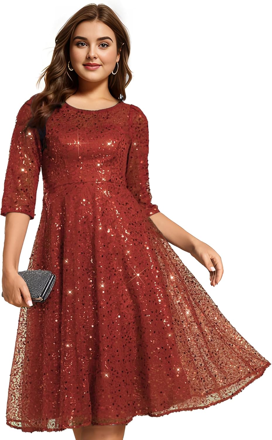 Ever-Pretty Women's Sequin Cocktail Party Dress Empire Waist A Line Plus Size Midi Formal Wedding Guest Dresses