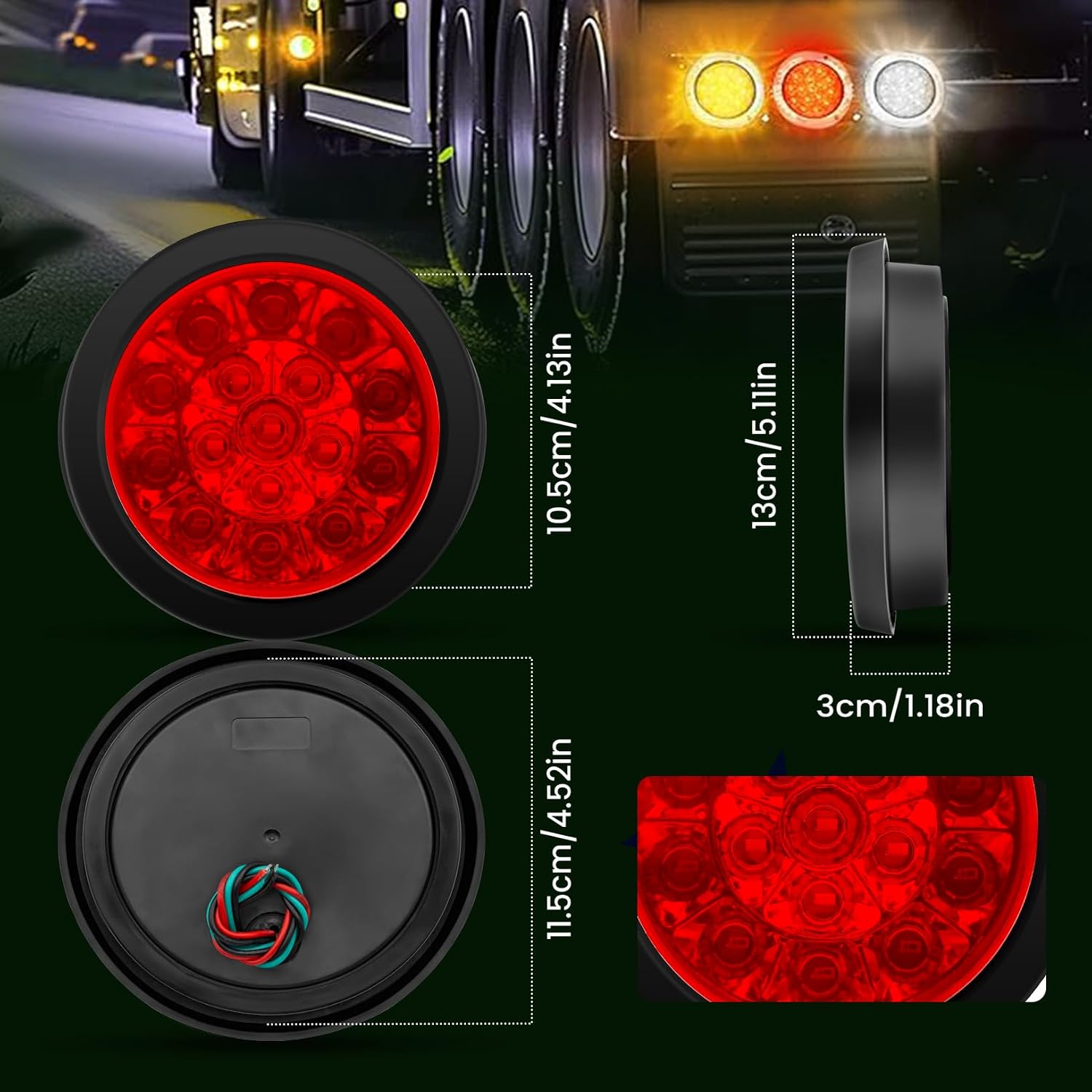 Ourbest 4 Inch Round LED Trailer Tail Lights w/Rubber Grommet, 16 LED DC 12V Waterproof Stop Brake Tail Running Reverse Backup Lights Lamps for RV Trailer Trucks, 2 White 2 Red