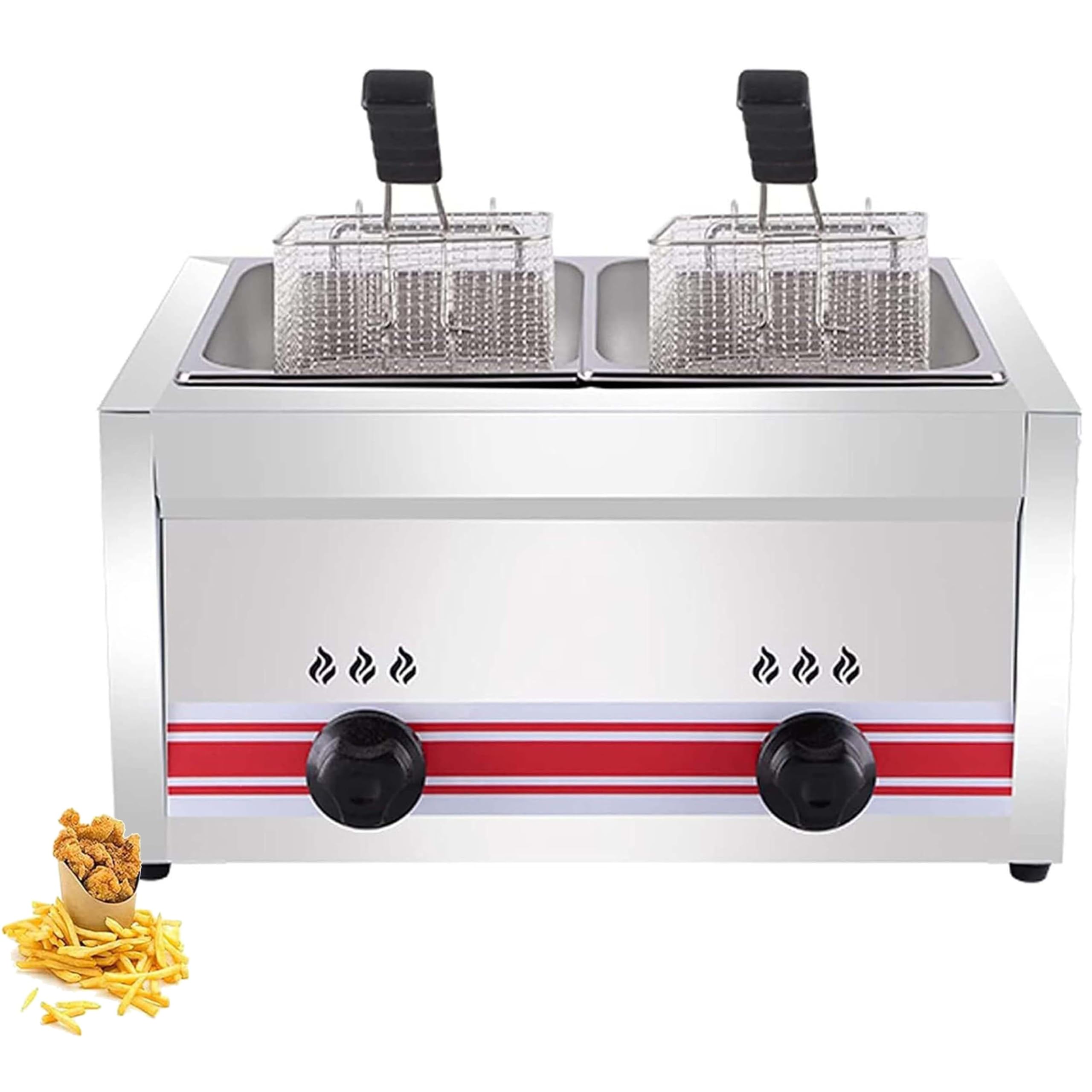Friggitrice a Gas Professionale, Friggitrice a Gas 10L/20L/30L, Friggitrice per Patatine di Pollo in Acciaio Inossidabile per Ristorante Commerciale Cucina Domestica,Doublecylinder10L+10L