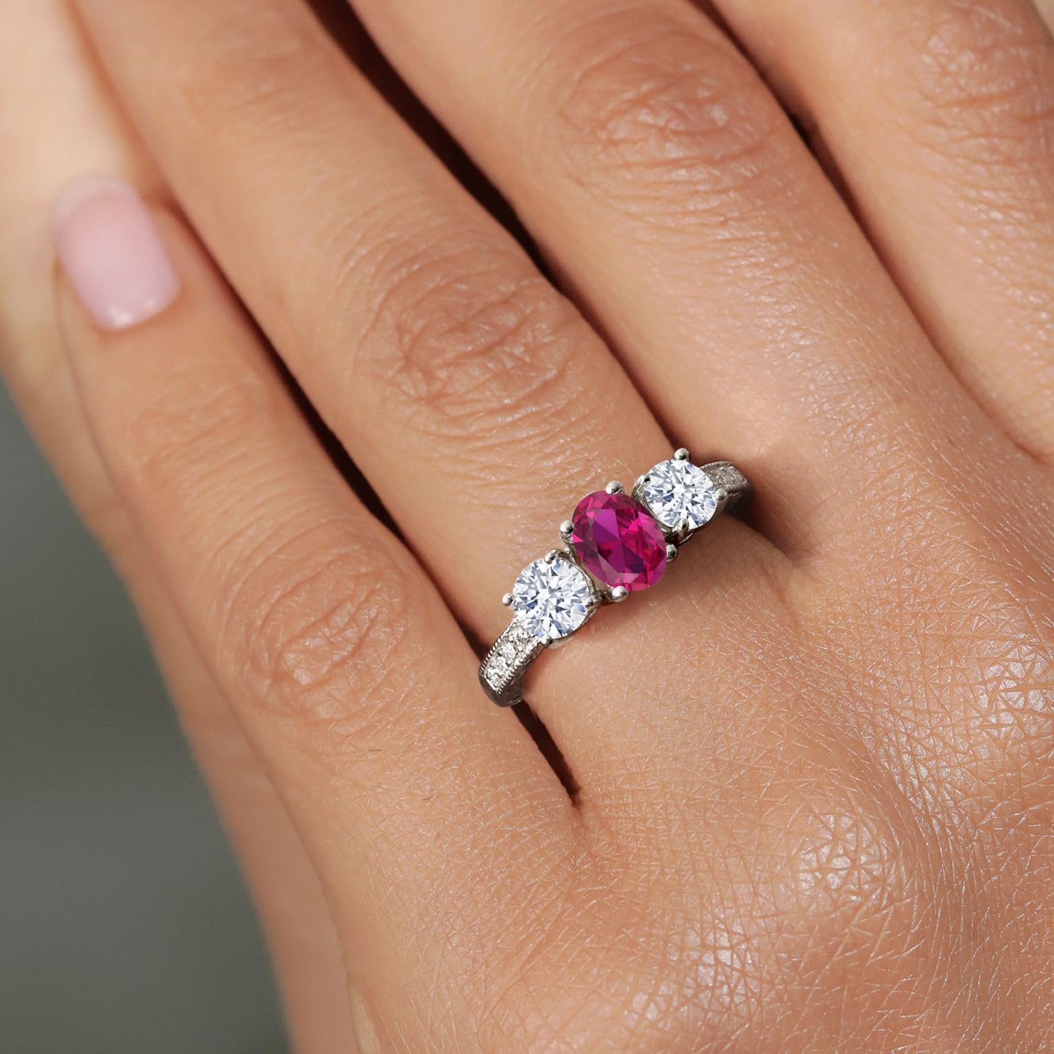 Gem Stone King 2-3 Cttw Gemstone Birthstone 3-Stone Engagement Ring for Women | 925 Silver | Oval 7X5MM | Round 5MM | Filigree and Milgrain Detail | Three Stone Wedding Ring