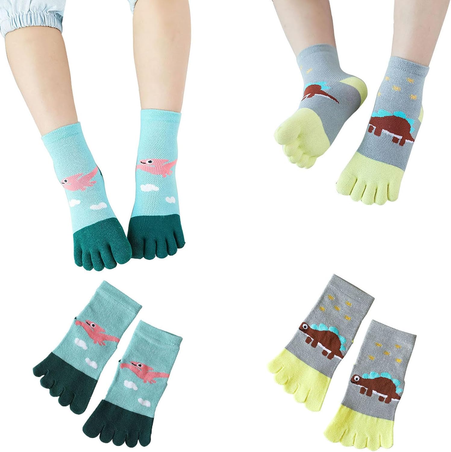 Pursuestar 2 Pairs Five Finger Toe Socks Athletic Running Breathable Mesh Dinosaur Socks for Kids Boys Girls 2-9 Years