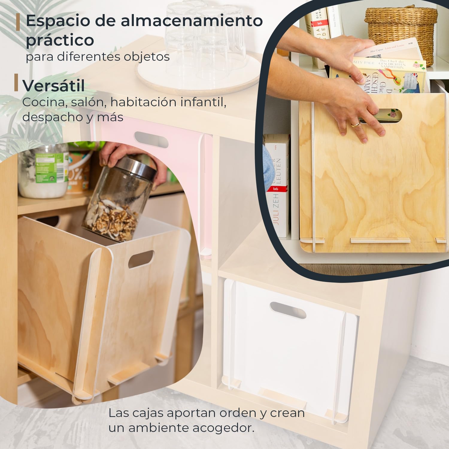 HMF Caja de almacenamiento de madera para encajar | Juego de 4 | Apto para Kallax | 32 x 32 x 32 cm | Blanco