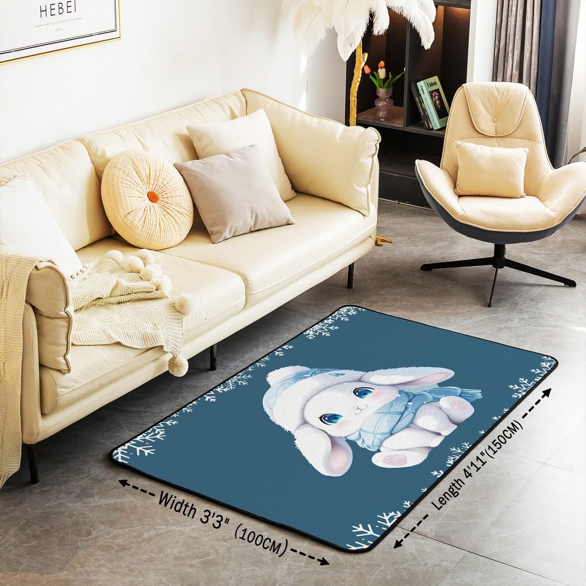Homewish Wesołych Świąt Dywaniki 100 x 150 cm - Kawaii Królik Salon Dywan Zimowy Magiczny Płatek śniegu Kwiatowy Niegubi Dywan Dzieci Kreskówka Królik Szalik Czapki Dywany