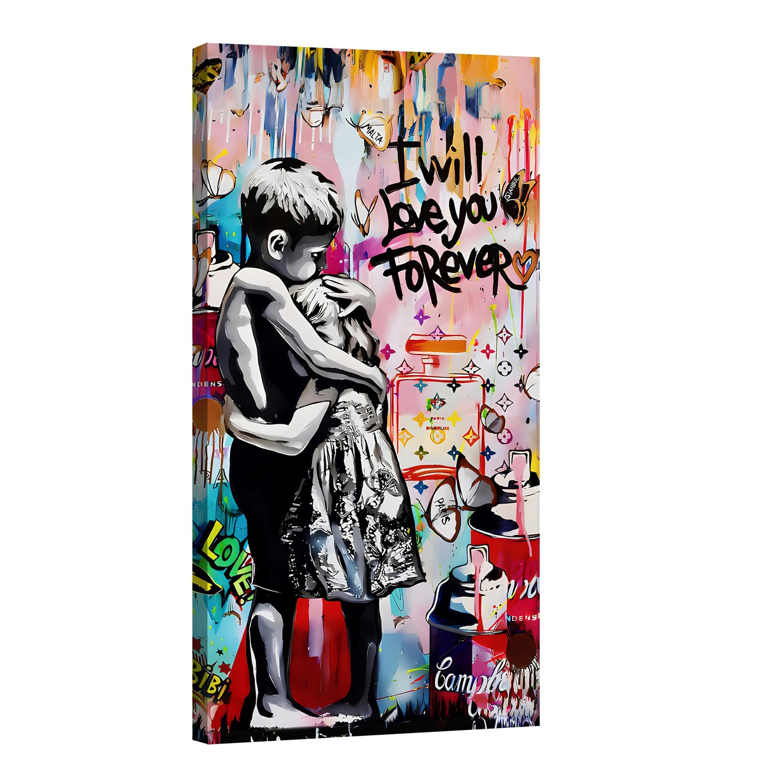 canvashop Banksy Love you Forever Tableau 60 x 30 cm Peintures Modernes Salon pop art Enfants étreinte street art graffiti Impression murale sur toile