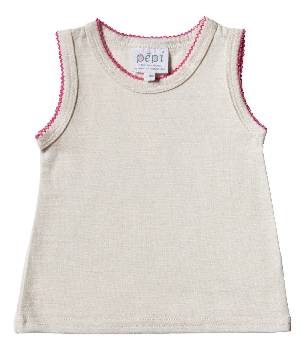 Pepi 6m Super Fine Merino Wool Singlet (Natural White/Pink)