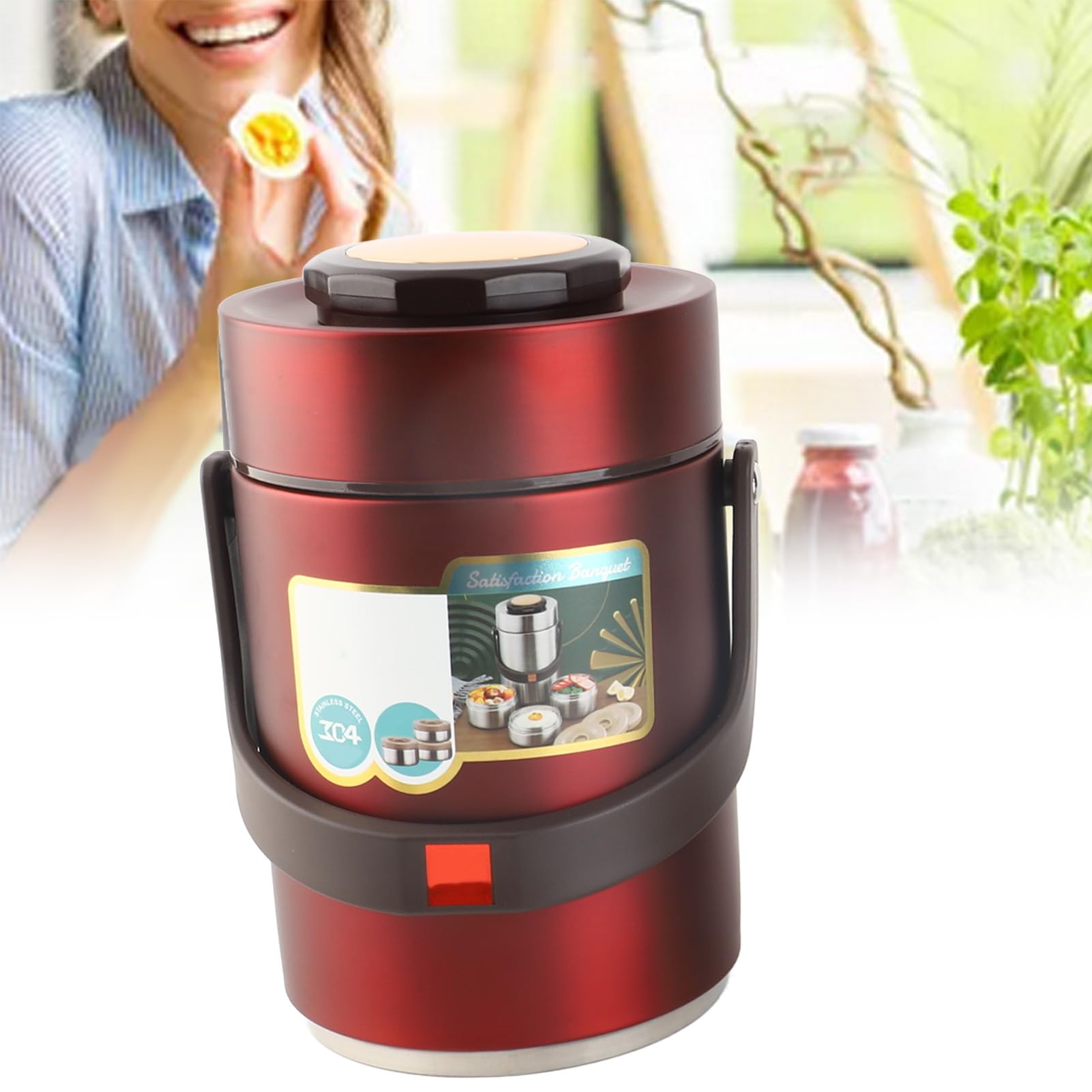 BuyWeek Thermos per Alimenti Caldi, 2000 ml Contenitore Termico per Alimenti in Acciaio Inossidabile Impilabili Contenitore per il Pranzo Isolato a 3 Strati (Rosso)