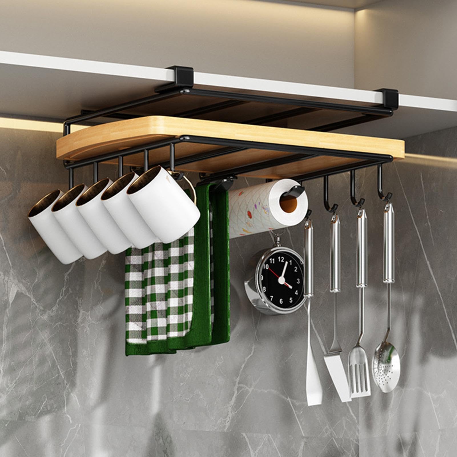 Under Cabinet Utensil Hanger - Load Bearing Under Cabinet Mug Hanger, Stainless Steel Kitchen Paper Towels Holder | Cutting Board Holder, Multipurpose Kitchen Storage Rack Hanger for Kitchen Bathroom